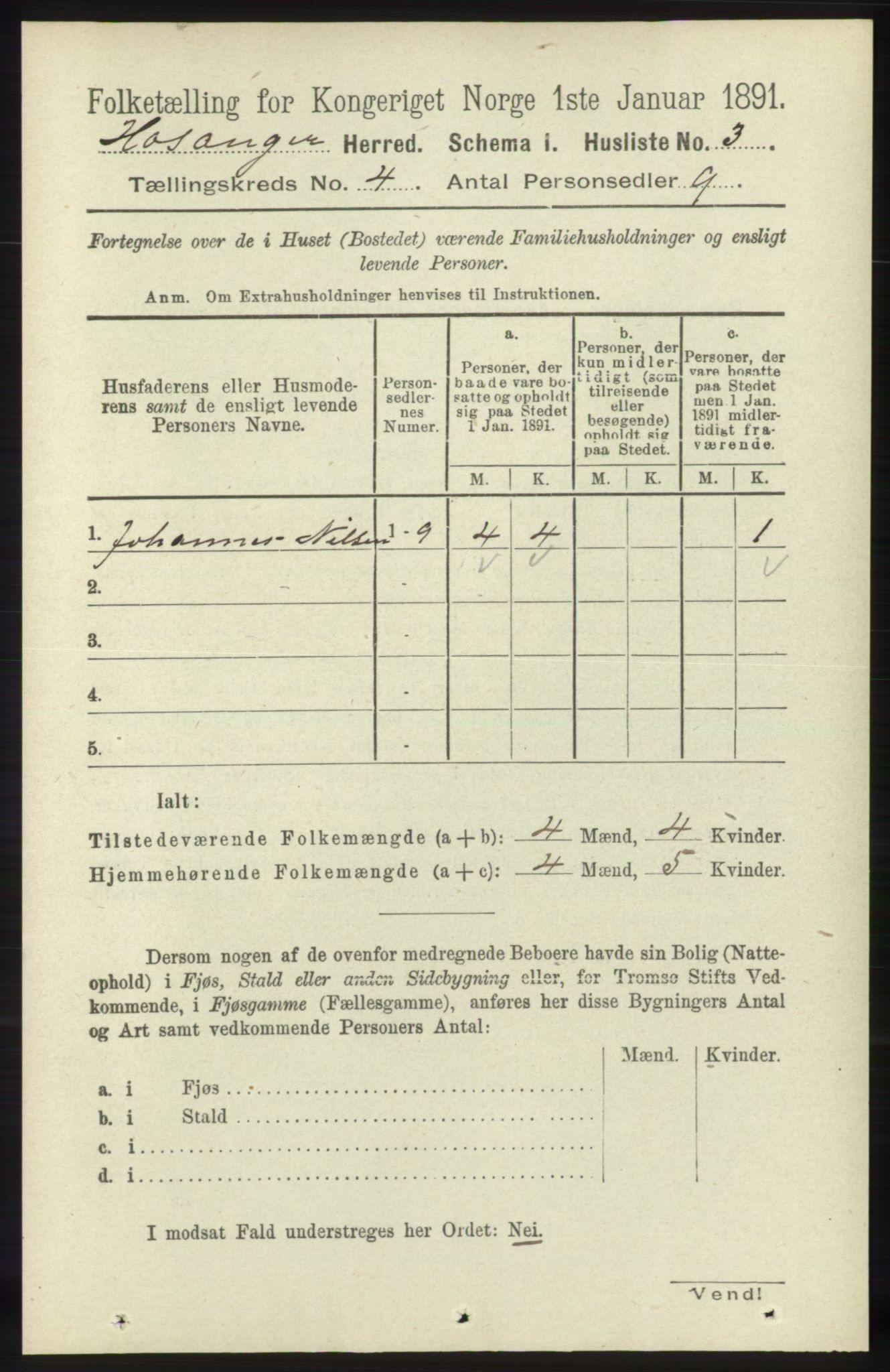 RA, 1891 census for 1253 Hosanger, 1891, p. 1391