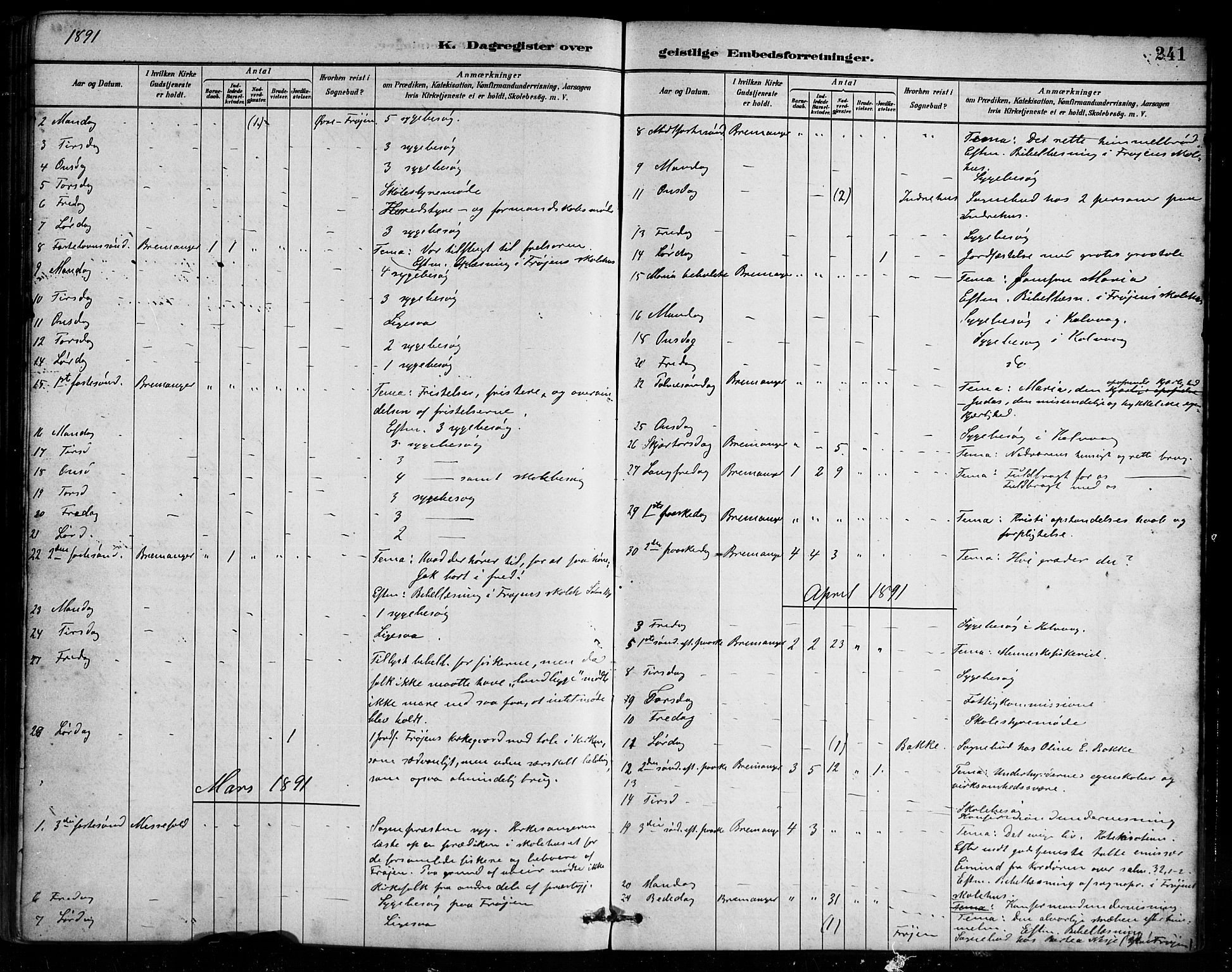 Bremanger sokneprestembete, SAB/A-82201/H/Haa/Haab/L0001: Parish register (official) no. B 1, 1884-1895, p. 241