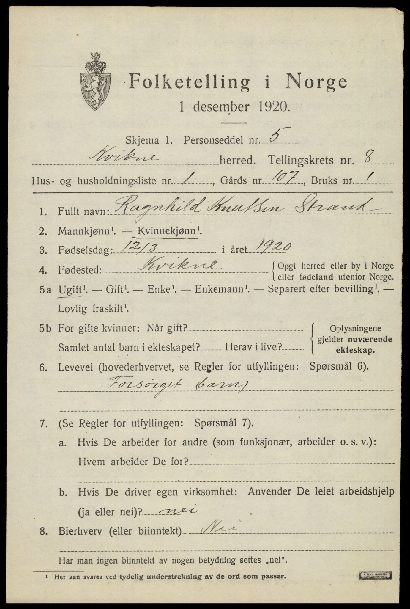 SAH, 1920 census for Kvikne, 1920, p. 3324