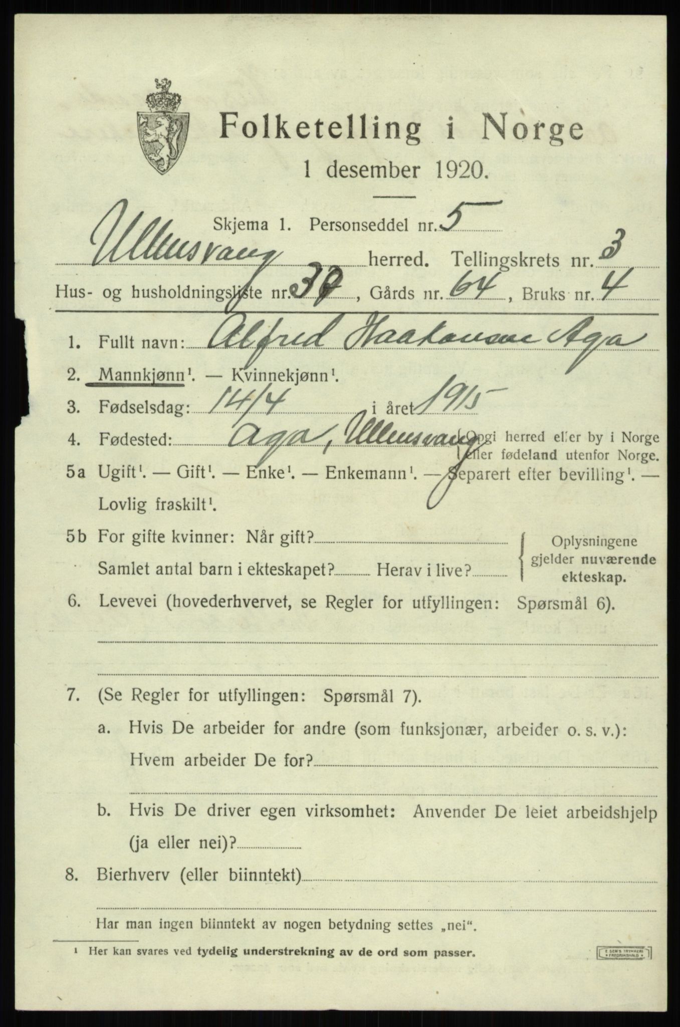 SAB, 1920 census for Ullensvang, 1920, p. 1996