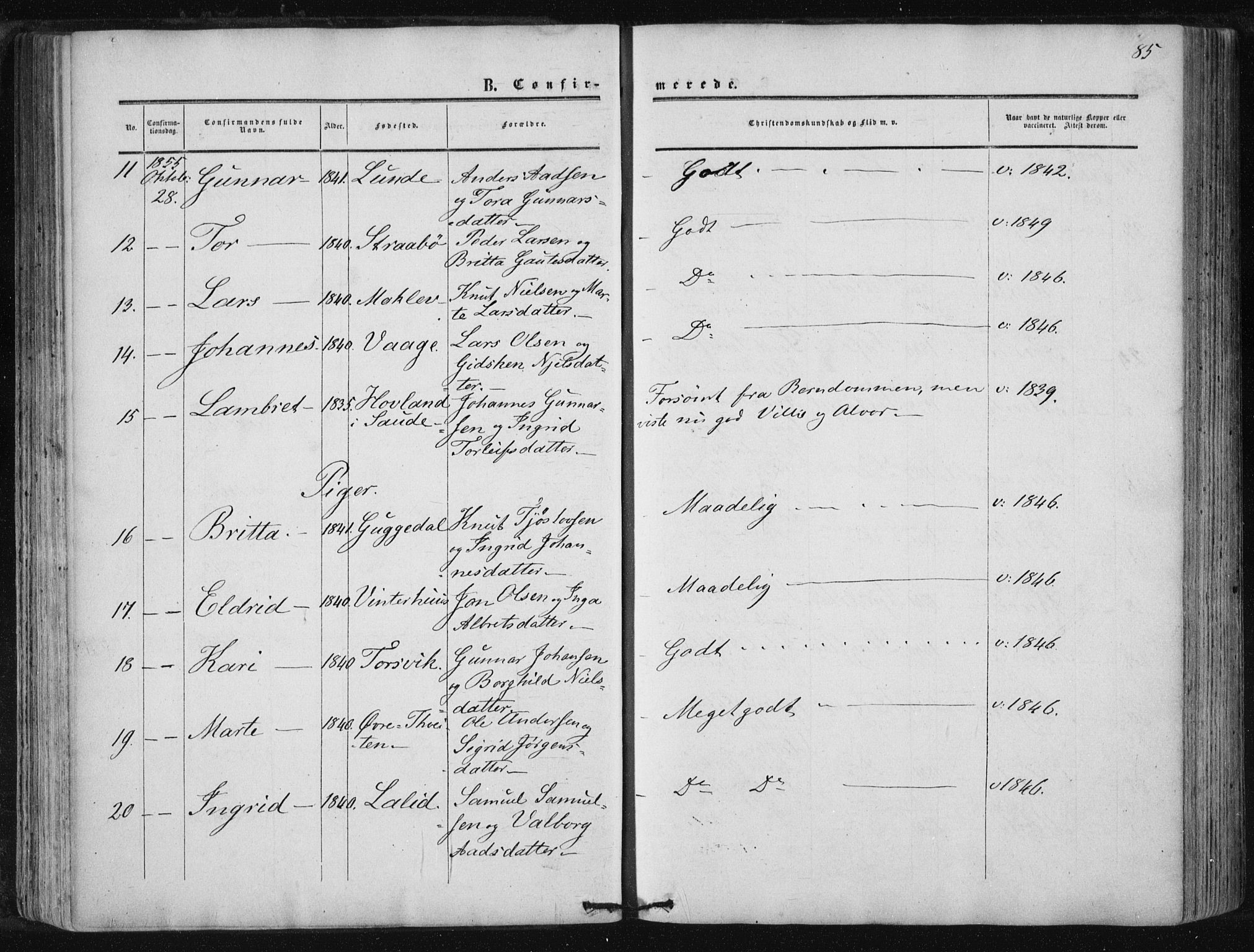 Suldal sokneprestkontor, AV/SAST-A-101845/01/IV/L0009: Parish register (official) no. A 9, 1854-1868, p. 85