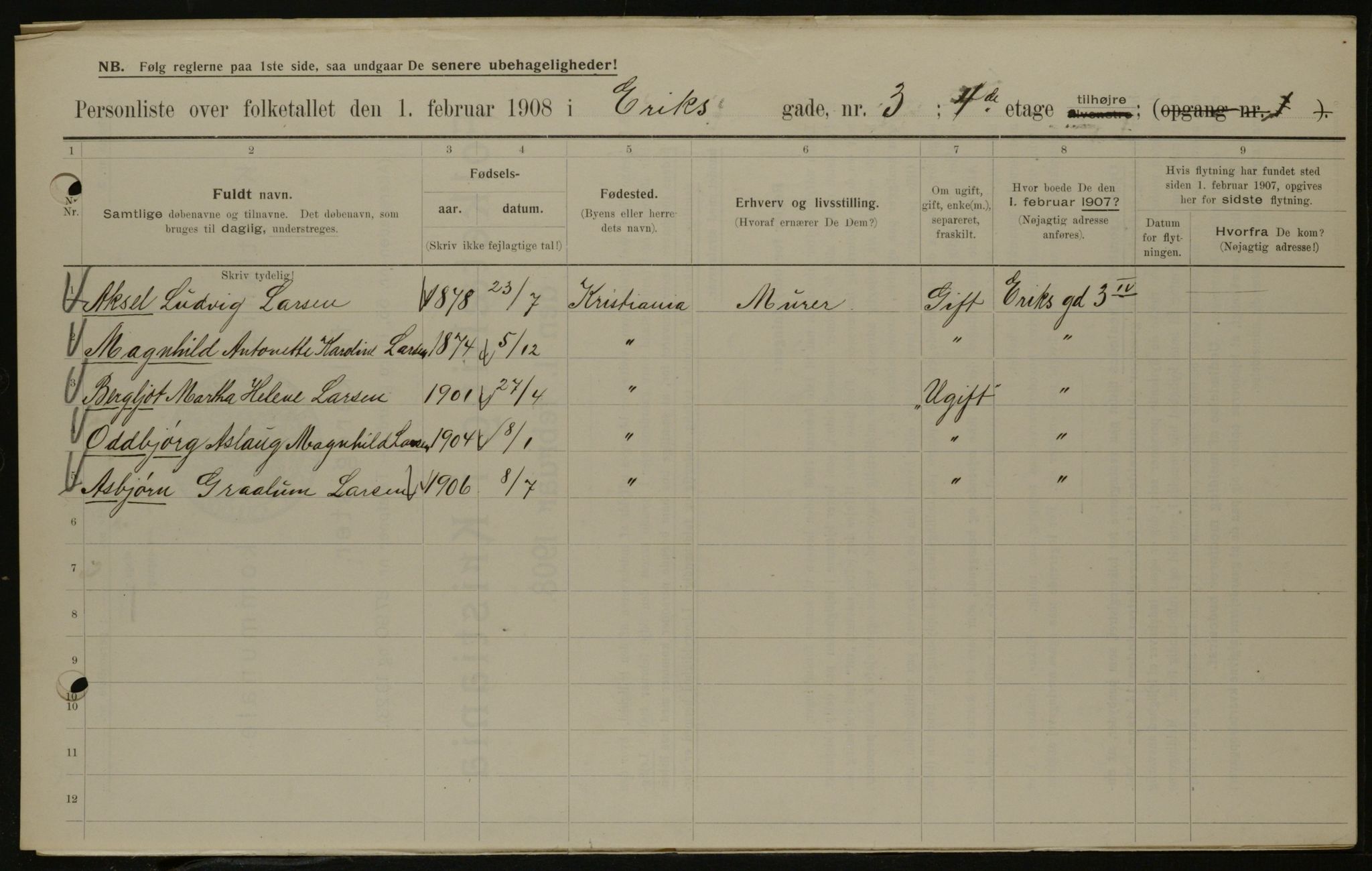 OBA, Municipal Census 1908 for Kristiania, 1908, p. 17985