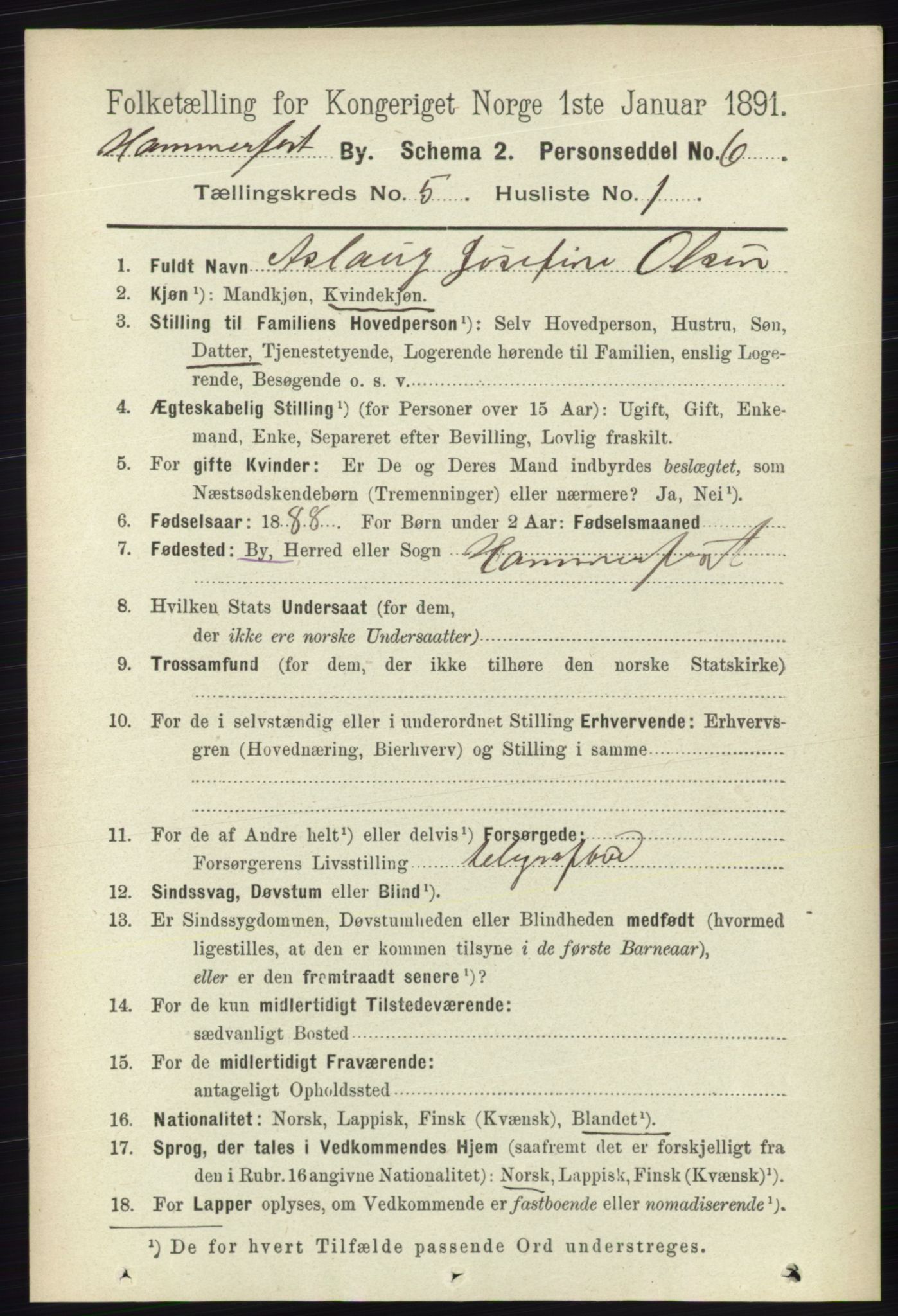 RA, 1891 census for 2001 Hammerfest, 1891, p. 1364