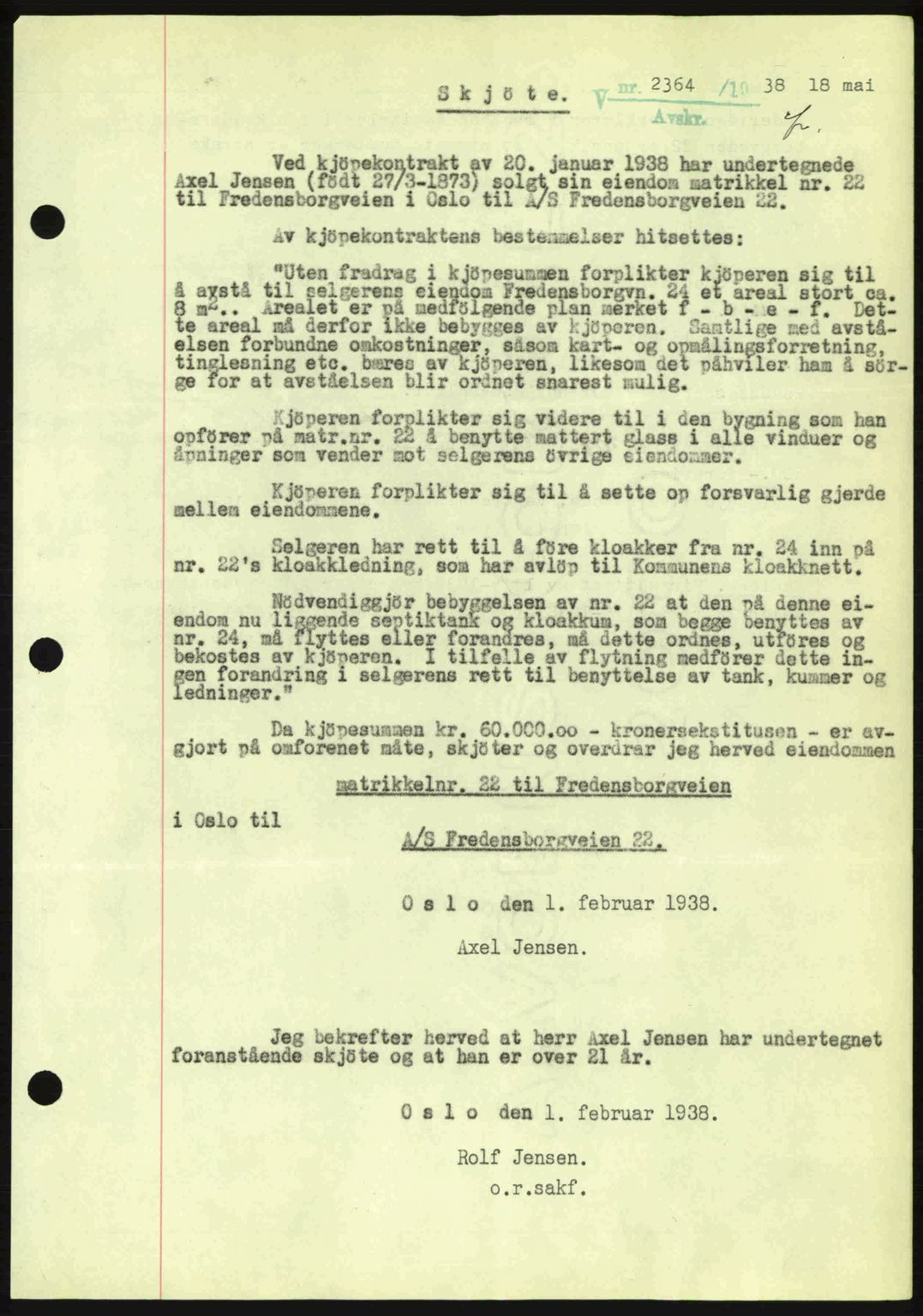 Oslo byskriverembete, AV/SAO-A-10227/G/Gb/Gbb/Gbbb/L0003: Mortgage book no. VA3, 1938-1939, Diary no: : 2364/1938