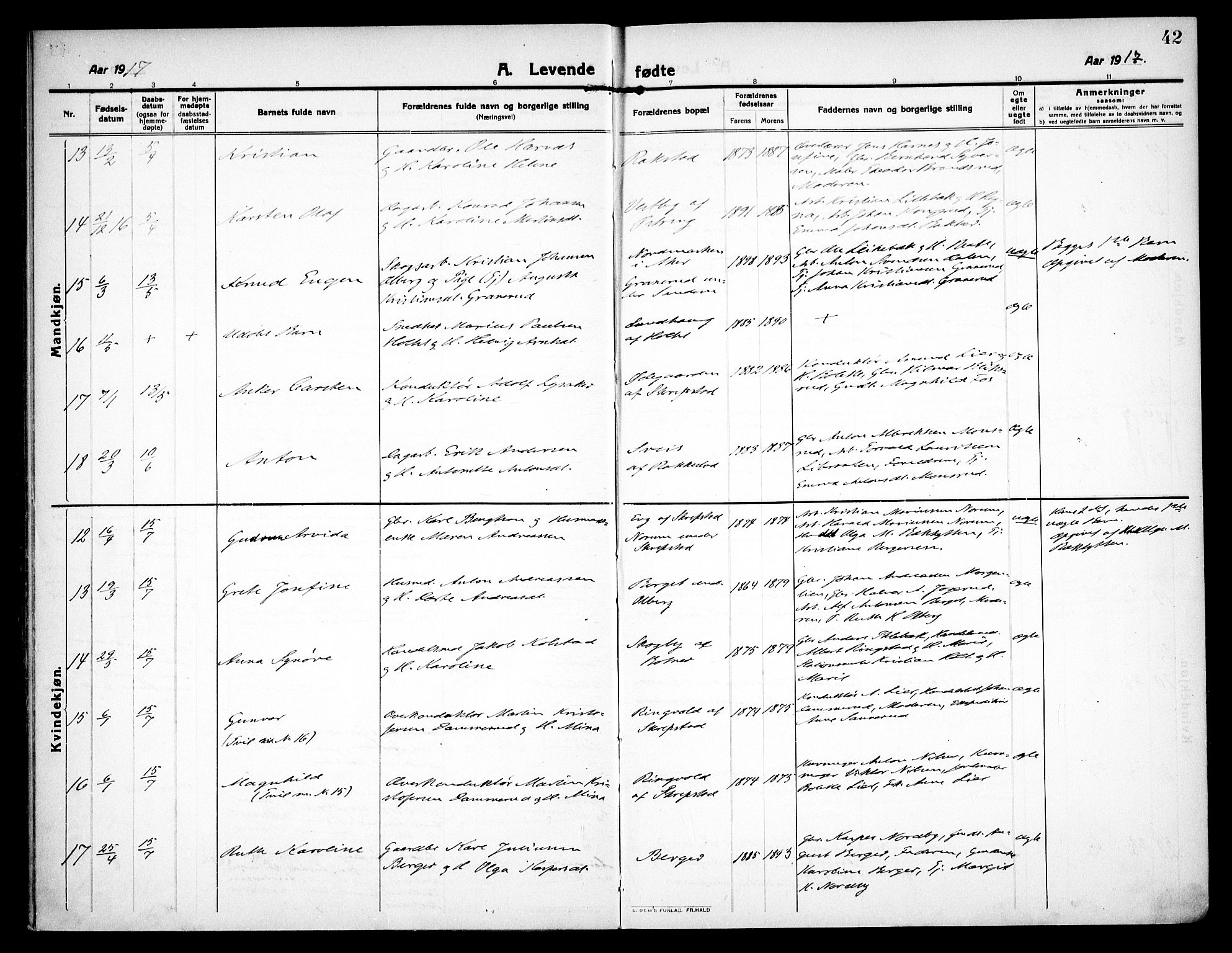 Høland prestekontor Kirkebøker, AV/SAO-A-10346a/F/Fa/L0016: Parish register (official) no. I 16, 1912-1921, p. 42