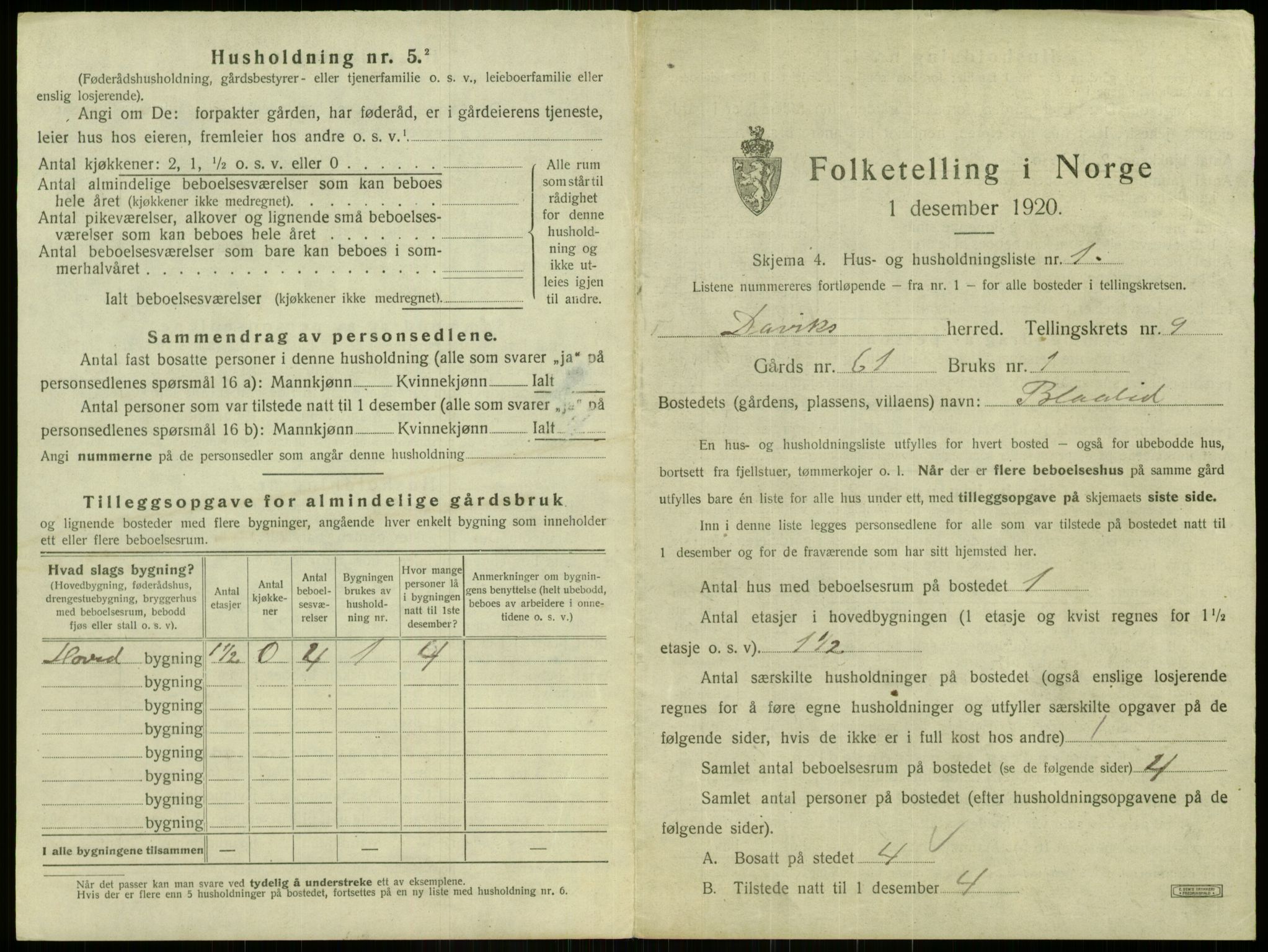 SAB, 1920 census for Davik, 1920, p. 646