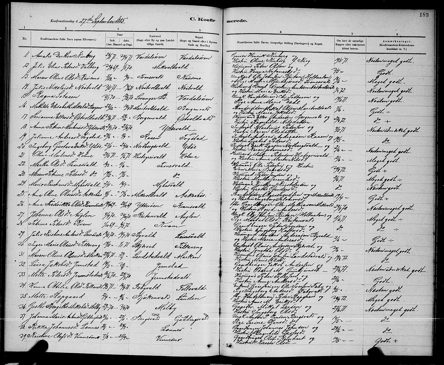 Ministerialprotokoller, klokkerbøker og fødselsregistre - Nord-Trøndelag, SAT/A-1458/723/L0256: Parish register (copy) no. 723C04, 1879-1890, p. 183