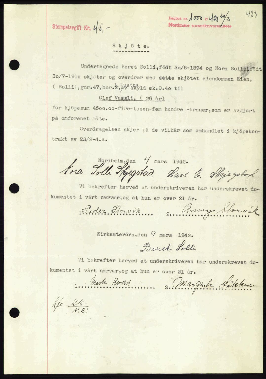 Nordmøre sorenskriveri, AV/SAT-A-4132/1/2/2Ca: Mortgage book no. A92, 1942-1942, Diary no: : 1000/1942