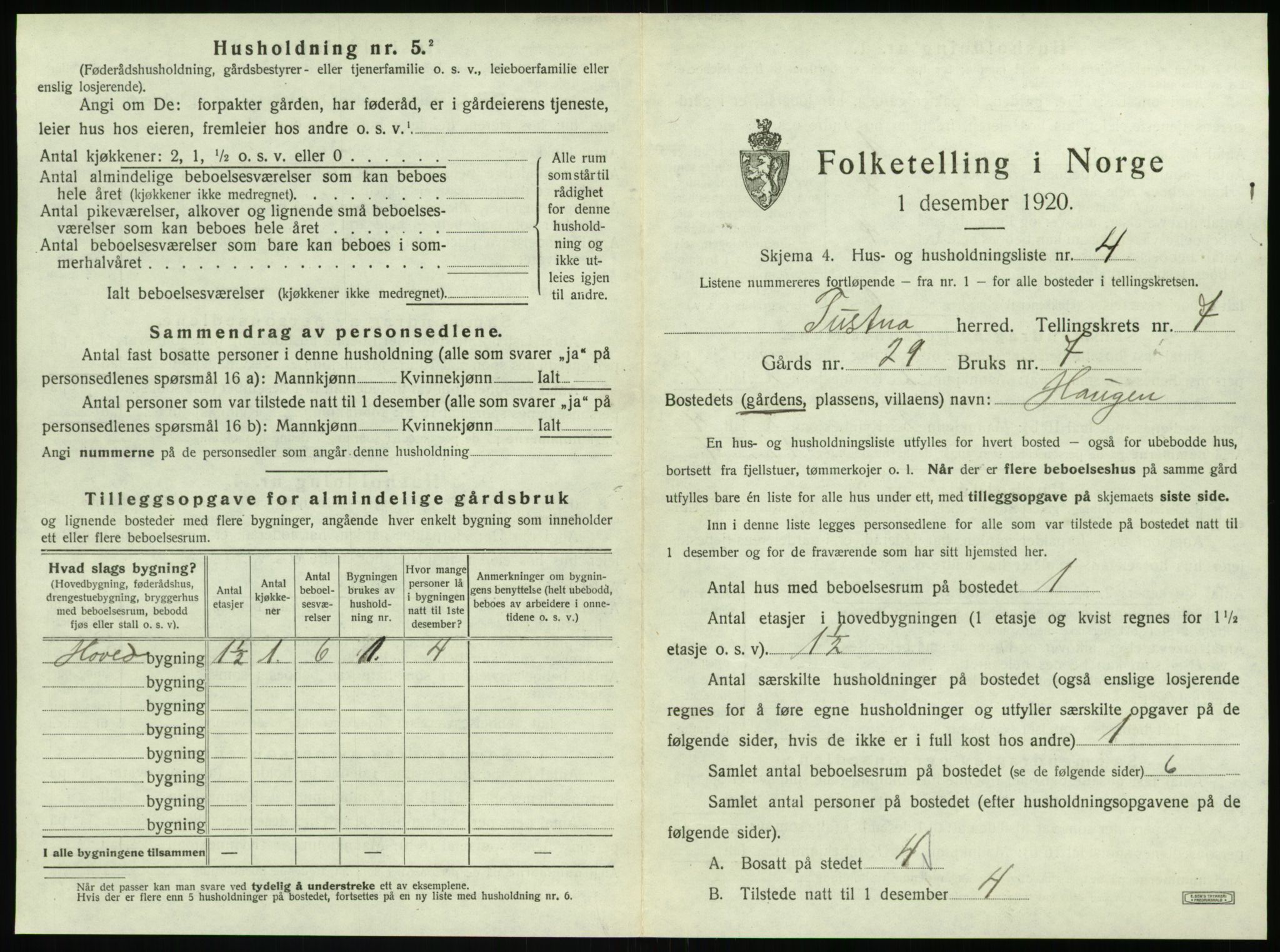 SAT, 1920 census for Tustna, 1920, p. 455