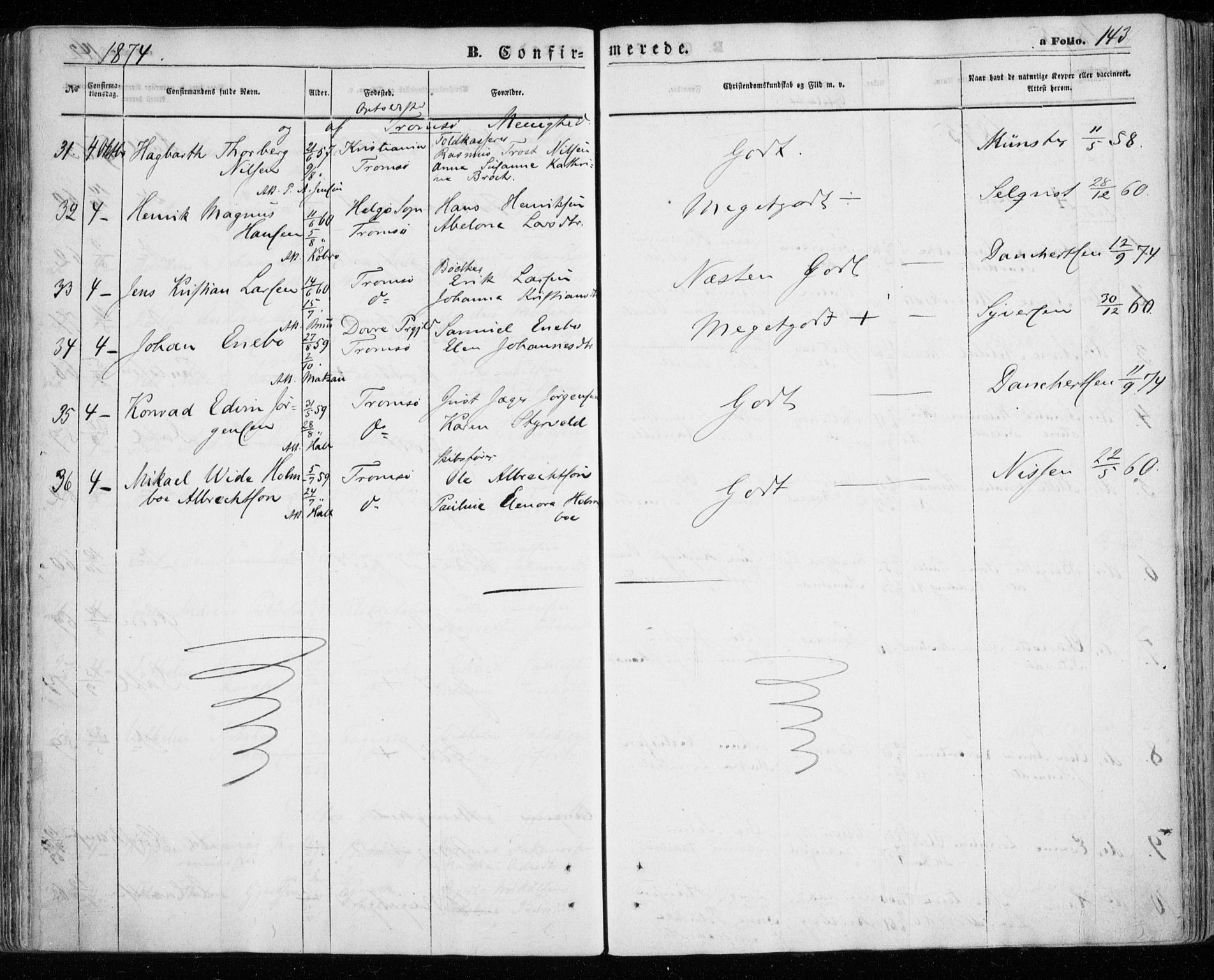 Tromsøysund sokneprestkontor, AV/SATØ-S-1304/G/Ga/L0002kirke: Parish register (official) no. 2, 1867-1875, p. 143