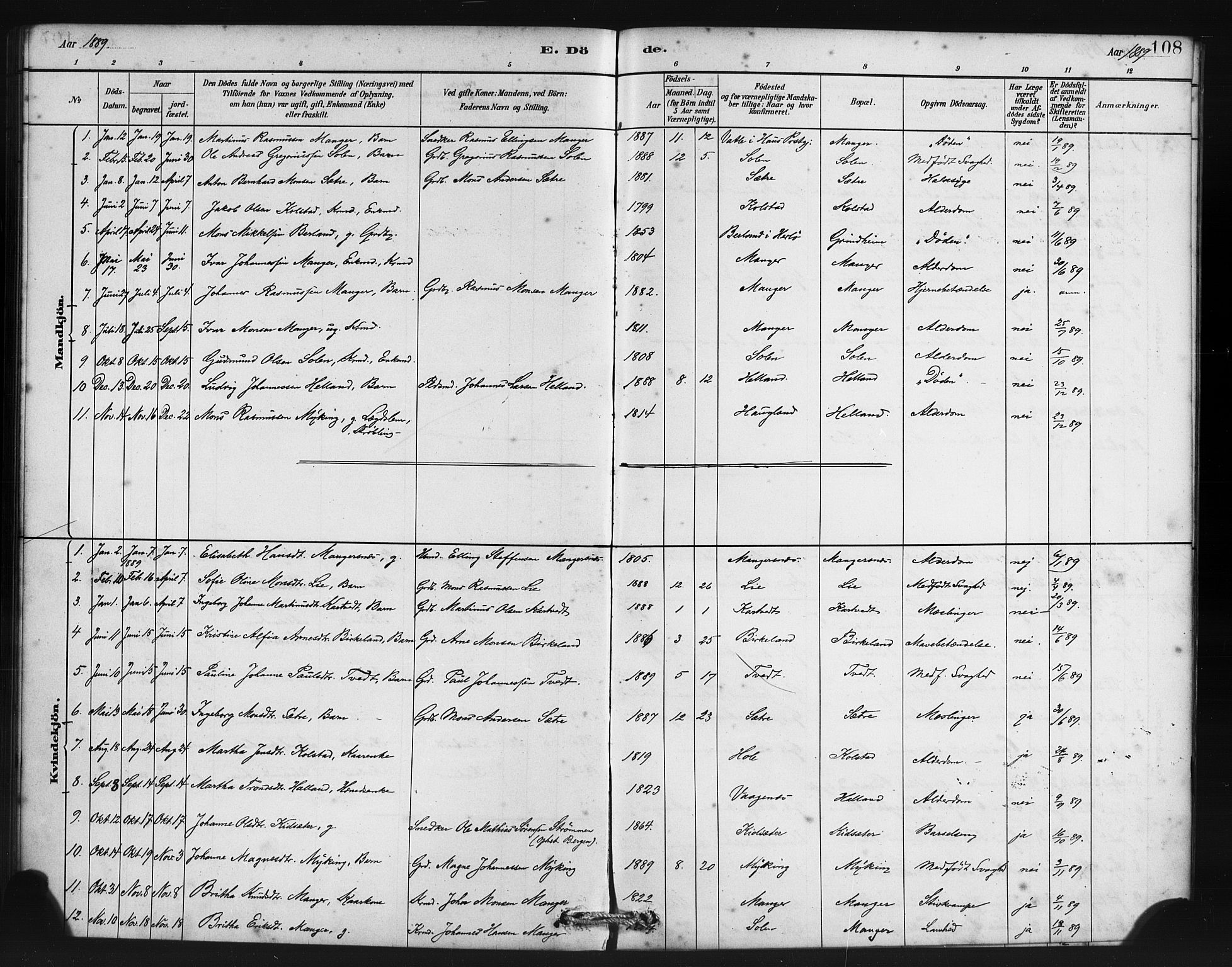 Manger sokneprestembete, SAB/A-76801/H/Haa: Parish register (official) no. B 1, 1881-1892, p. 108