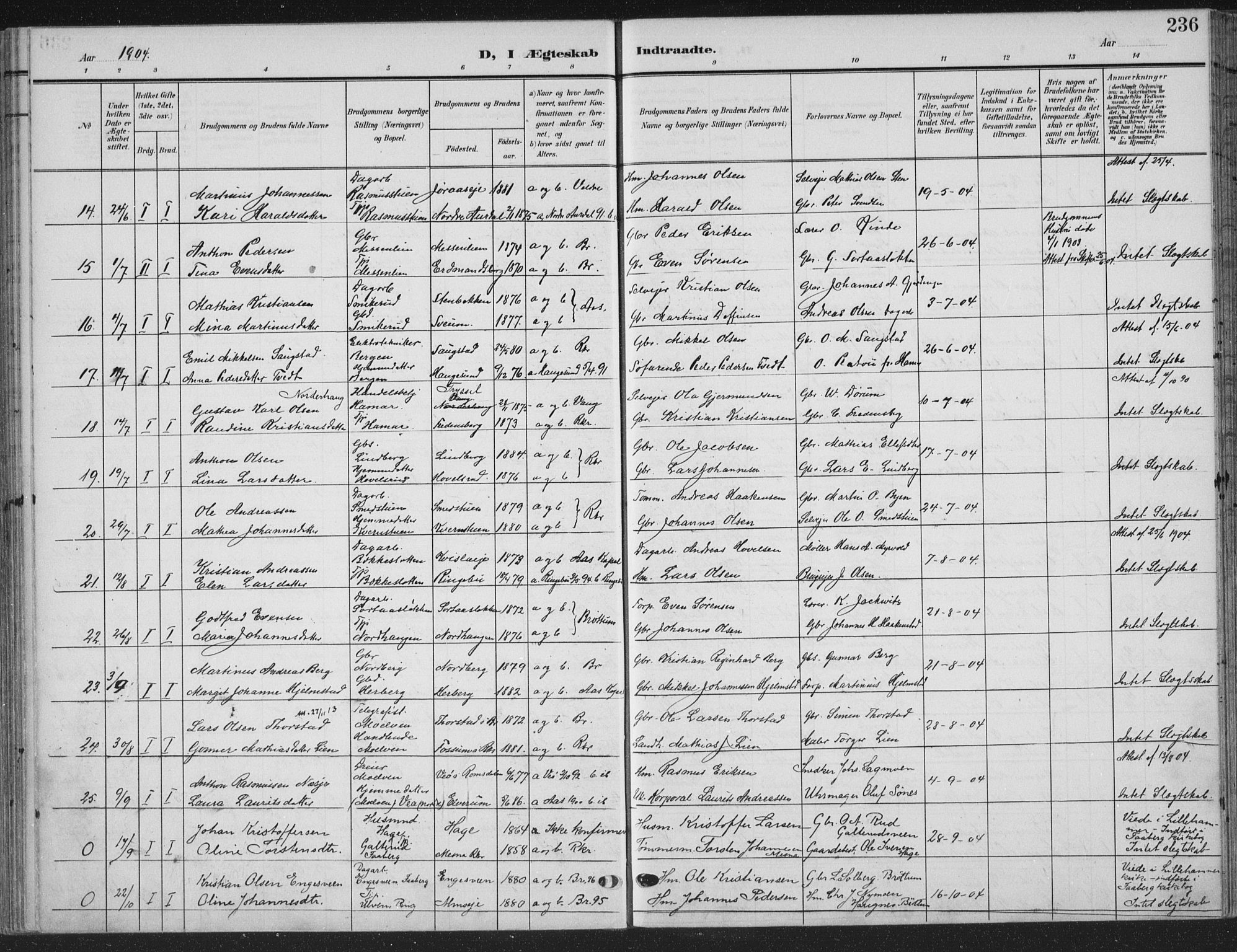 Ringsaker prestekontor, AV/SAH-PREST-014/K/Ka/L0018: Parish register (official) no. 18, 1903-1912, p. 236