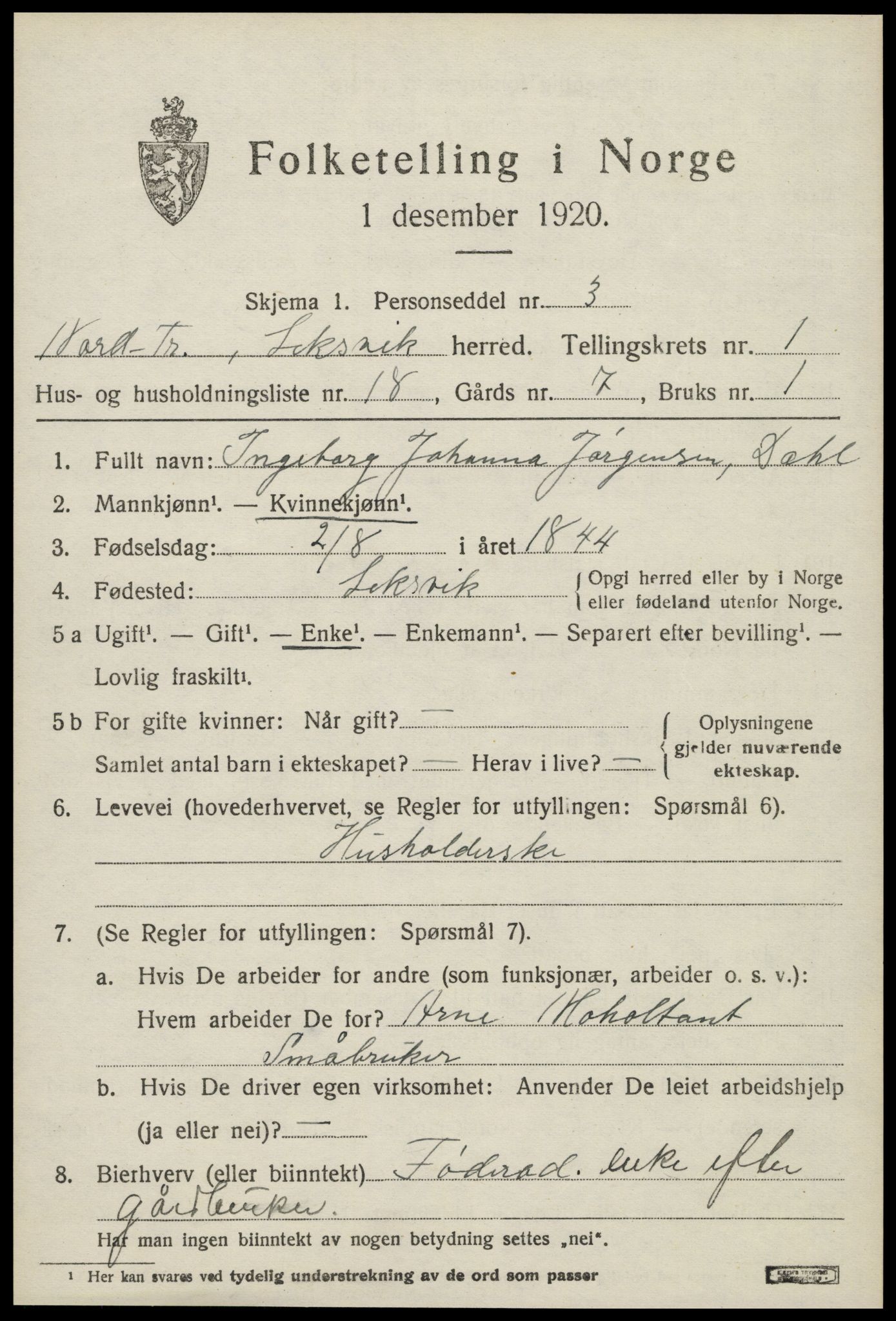 SAT, 1920 census for Leksvik, 1920, p. 1354