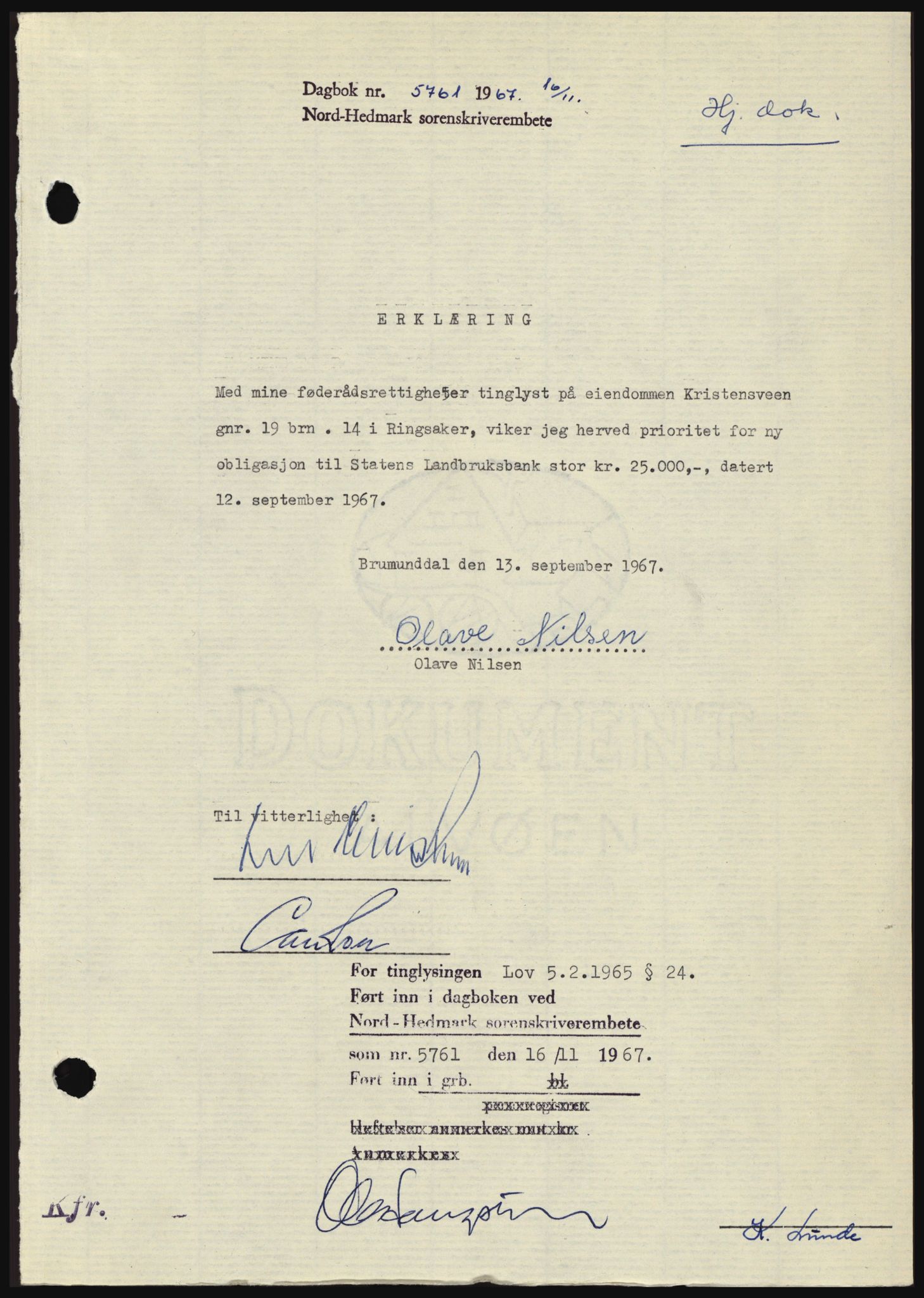 Nord-Hedmark sorenskriveri, SAH/TING-012/H/Hc/L0027: Mortgage book no. 27, 1967-1968, Diary no: : 5761/1967