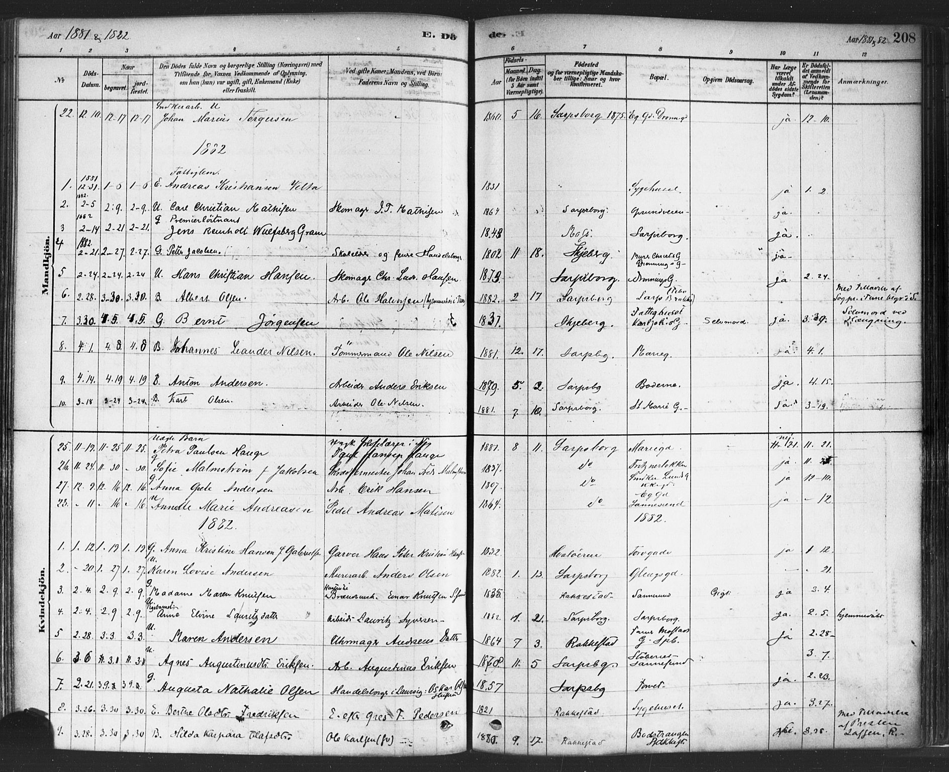 Sarpsborg prestekontor Kirkebøker, SAO/A-2006/F/Fa/L0003: Parish register (official) no. 3, 1878-1891, p. 208