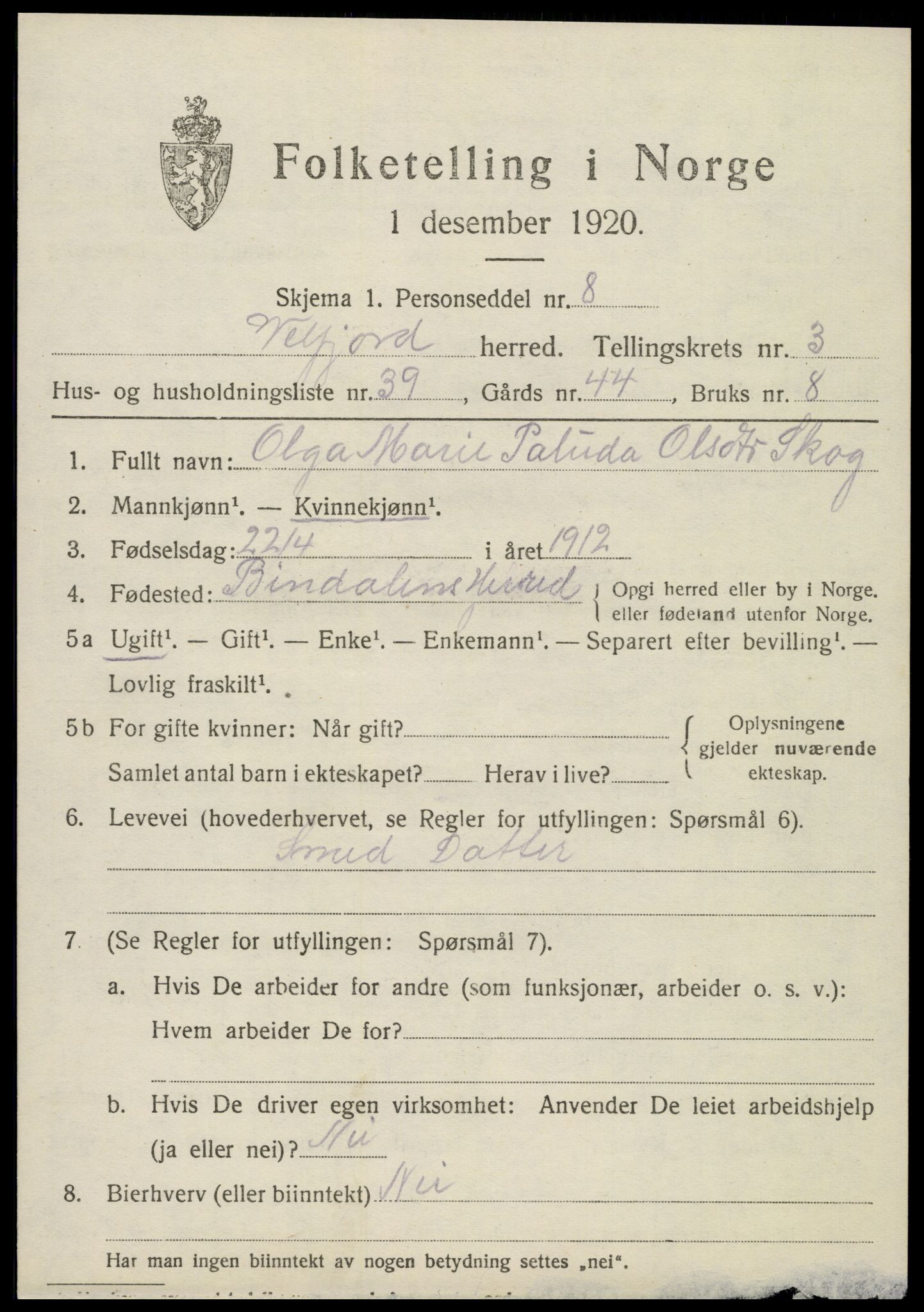 SAT, 1920 census for Velfjord, 1920, p. 2709