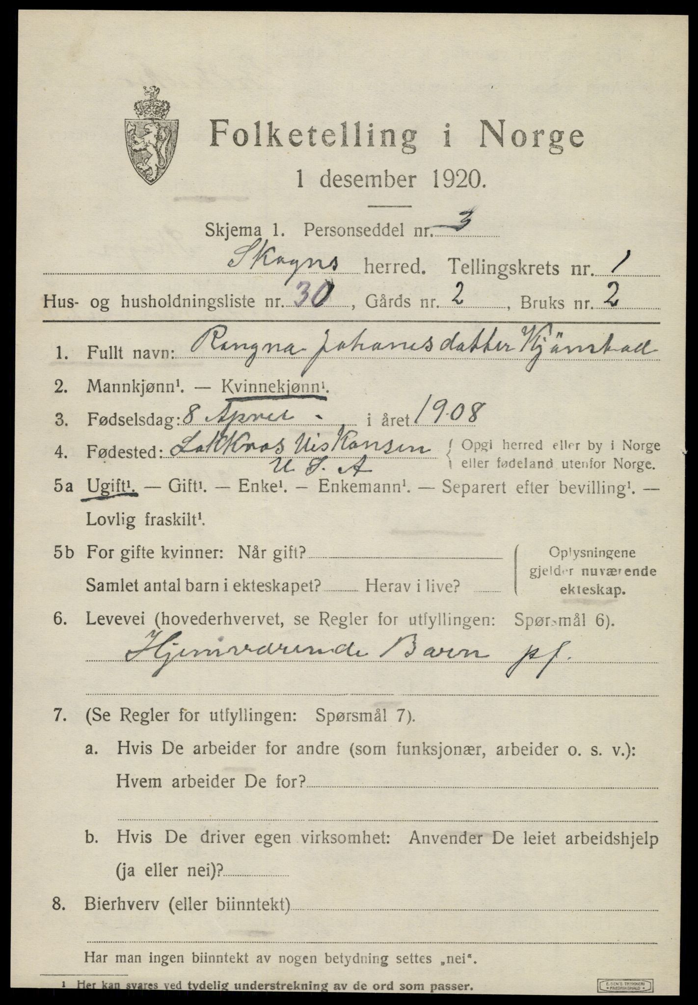 SAT, 1920 census for Skogn, 1920, p. 1817