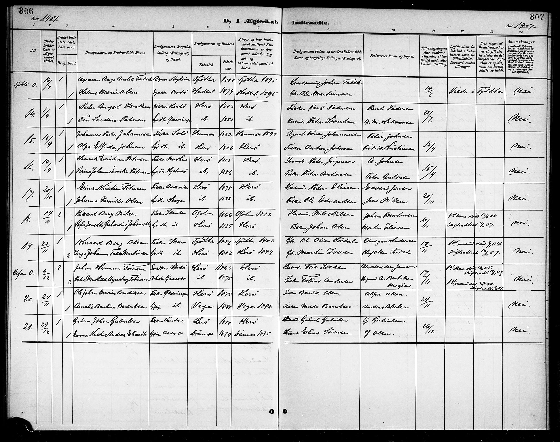 Ministerialprotokoller, klokkerbøker og fødselsregistre - Nordland, AV/SAT-A-1459/834/L0516: Parish register (copy) no. 834C06, 1902-1918, p. 306-307