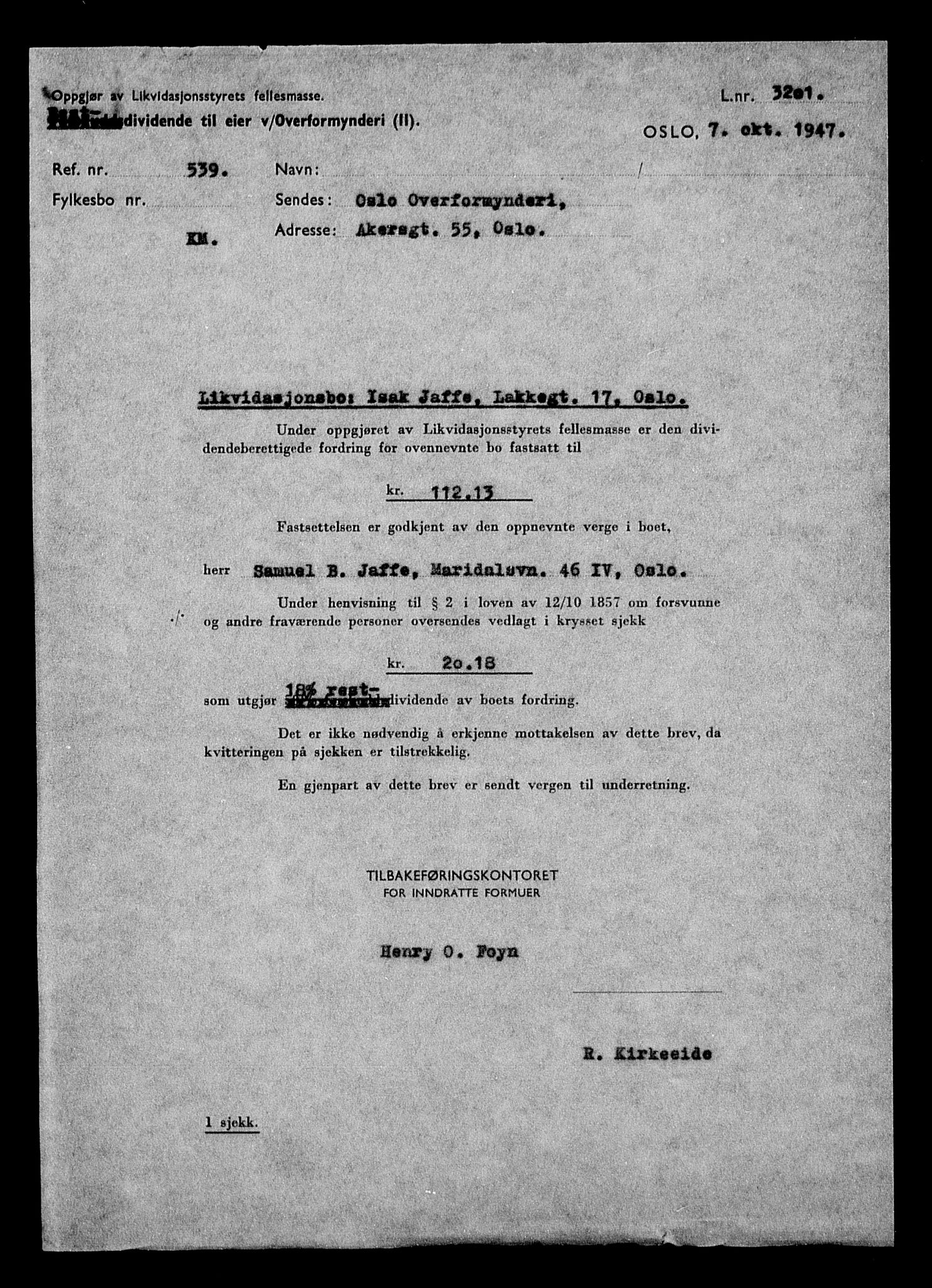 Justisdepartementet, Tilbakeføringskontoret for inndratte formuer, AV/RA-S-1564/H/Hc/Hcc/L0947: --, 1945-1947, p. 4