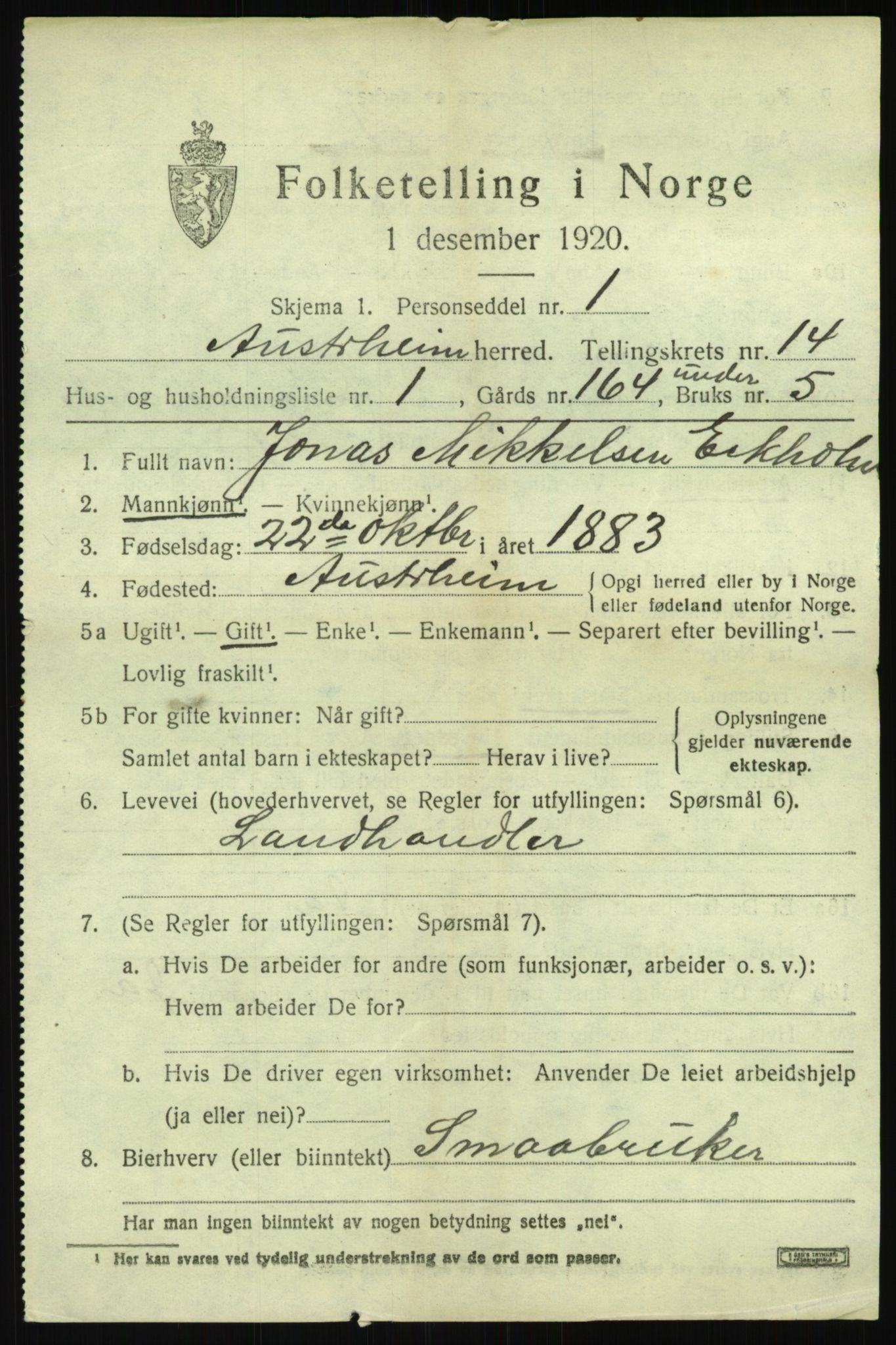 SAB, 1920 census for Austrheim, 1920, p. 4724