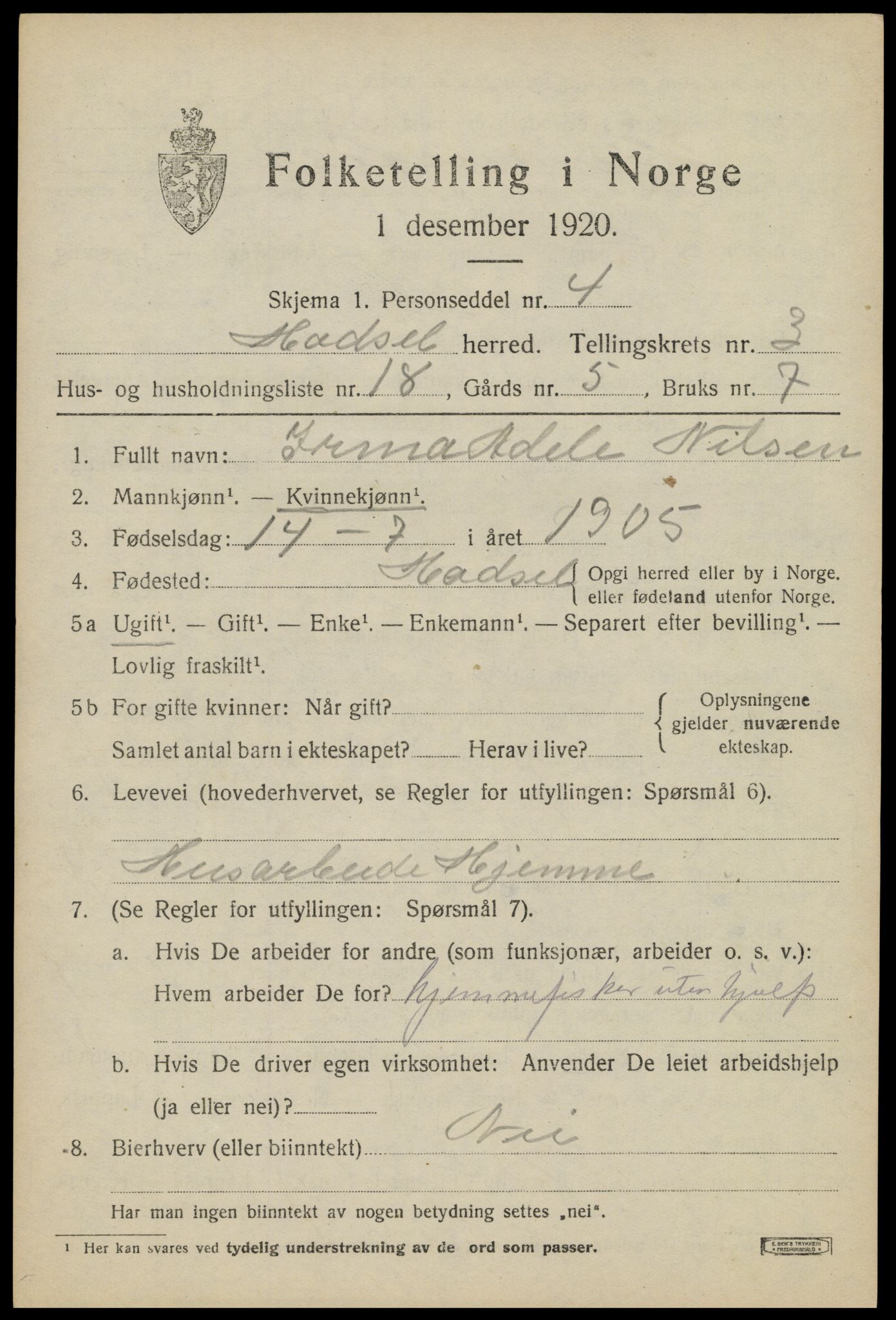 SAT, 1920 census for Hadsel, 1920, p. 5260