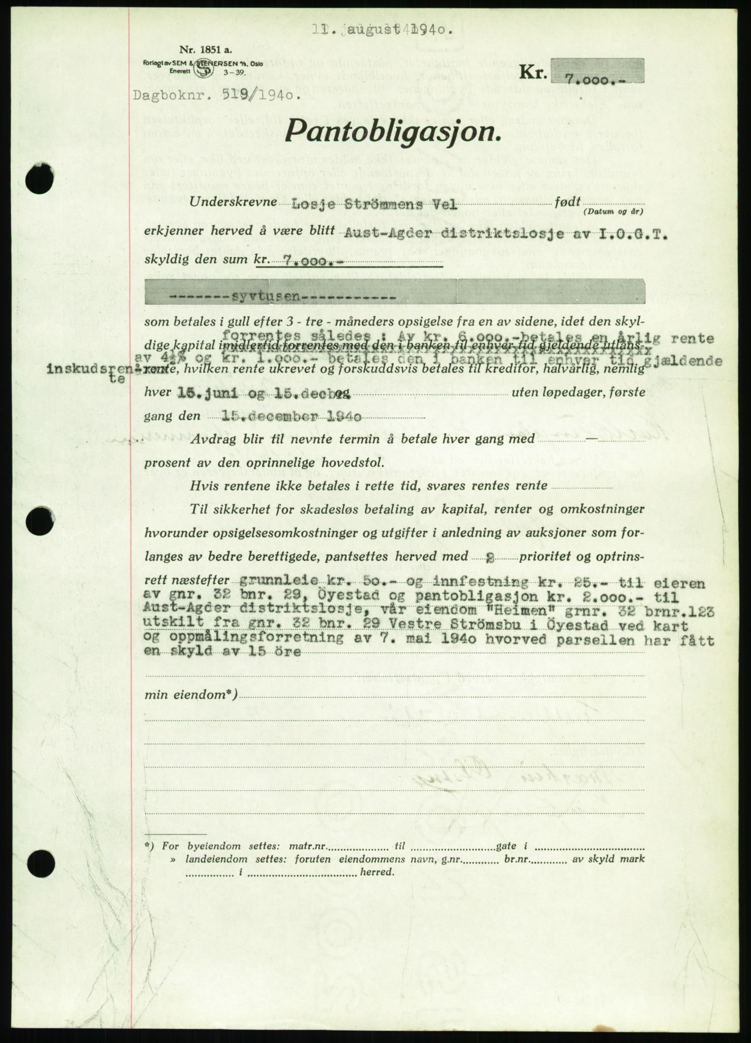 Nedenes sorenskriveri, SAK/1221-0006/G/Gb/Gbb/L0001: Mortgage book no. I, 1939-1942, Diary no: : 519/1940