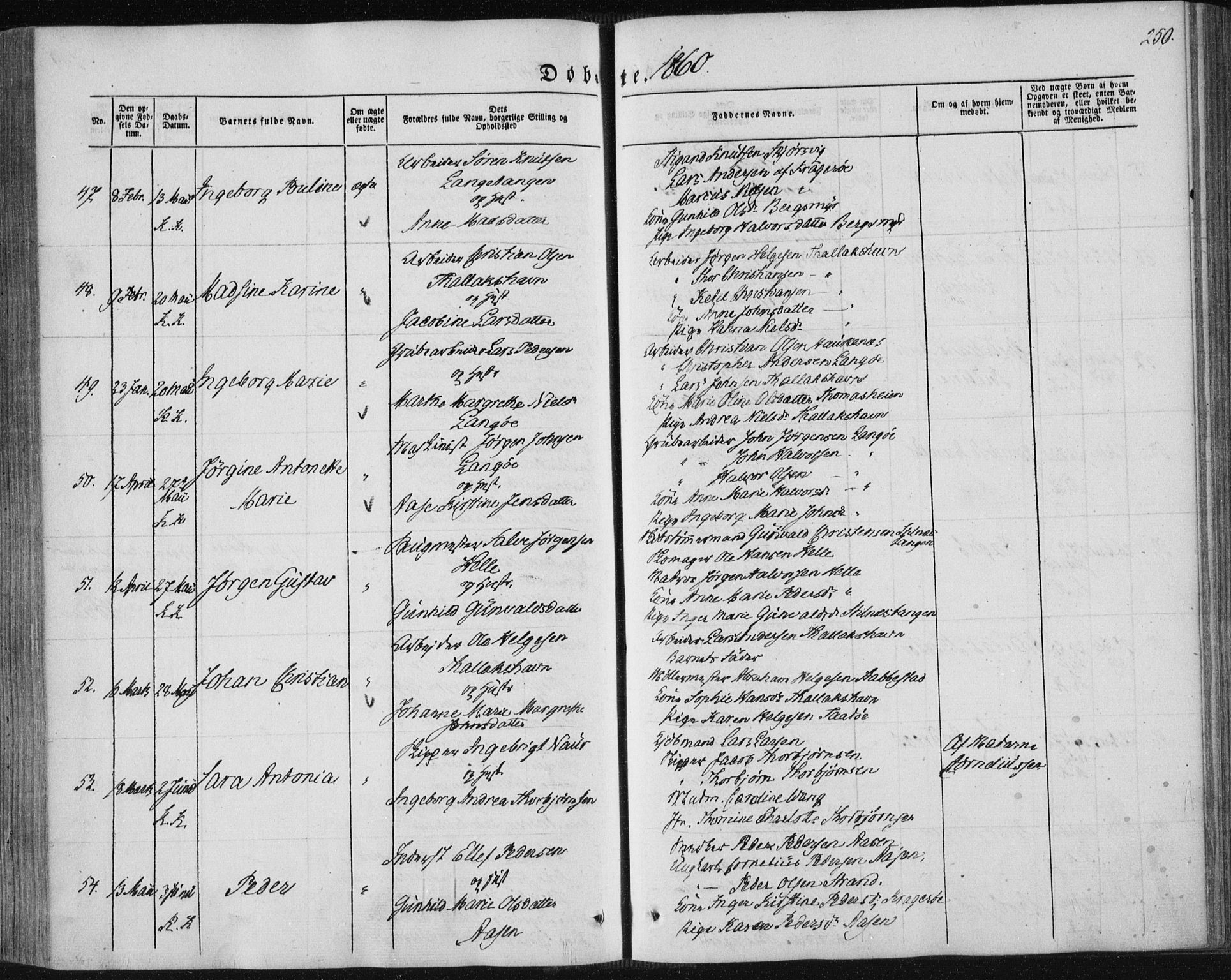 Sannidal kirkebøker, AV/SAKO-A-296/F/Fa/L0008: Parish register (official) no. 8, 1847-1862, p. 250