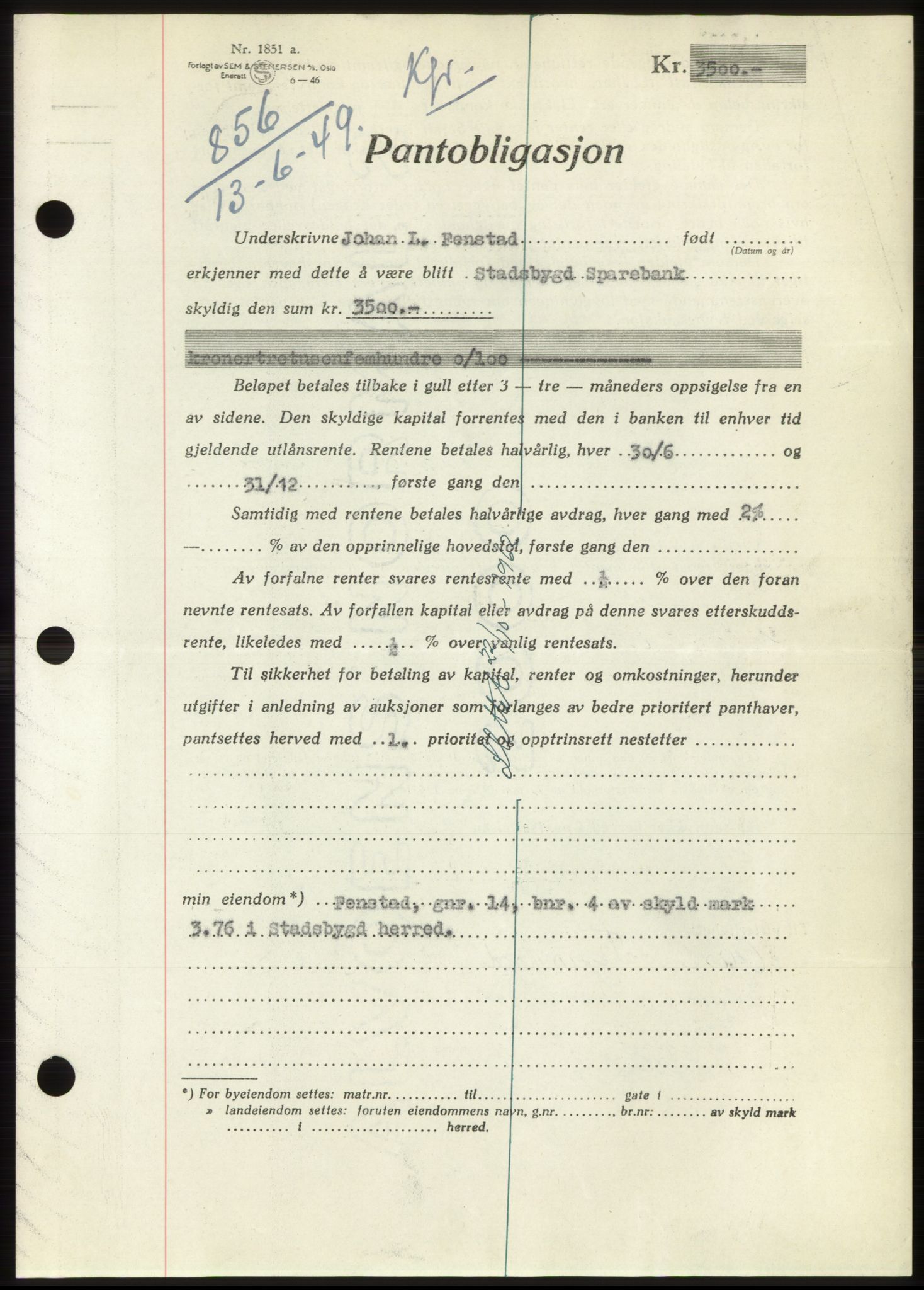 Fosen sorenskriveri, AV/SAT-A-1107/1/2/2C: Mortgage book no. B, 1948-1950, Diary no: : 856/1949