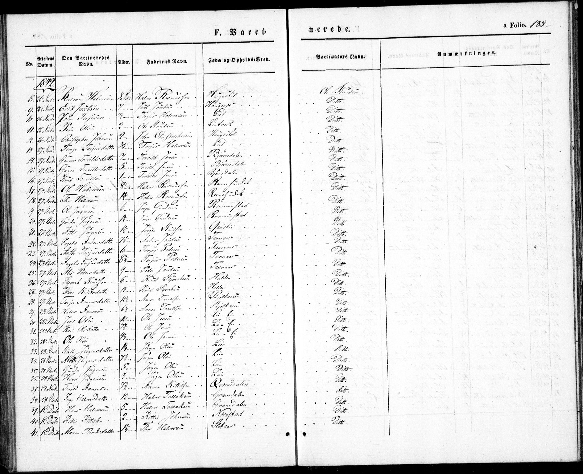 Gjerstad sokneprestkontor, AV/SAK-1111-0014/F/Fa/Fab/L0002: Parish register (official) no. A 2, 1835-1852, p. 185