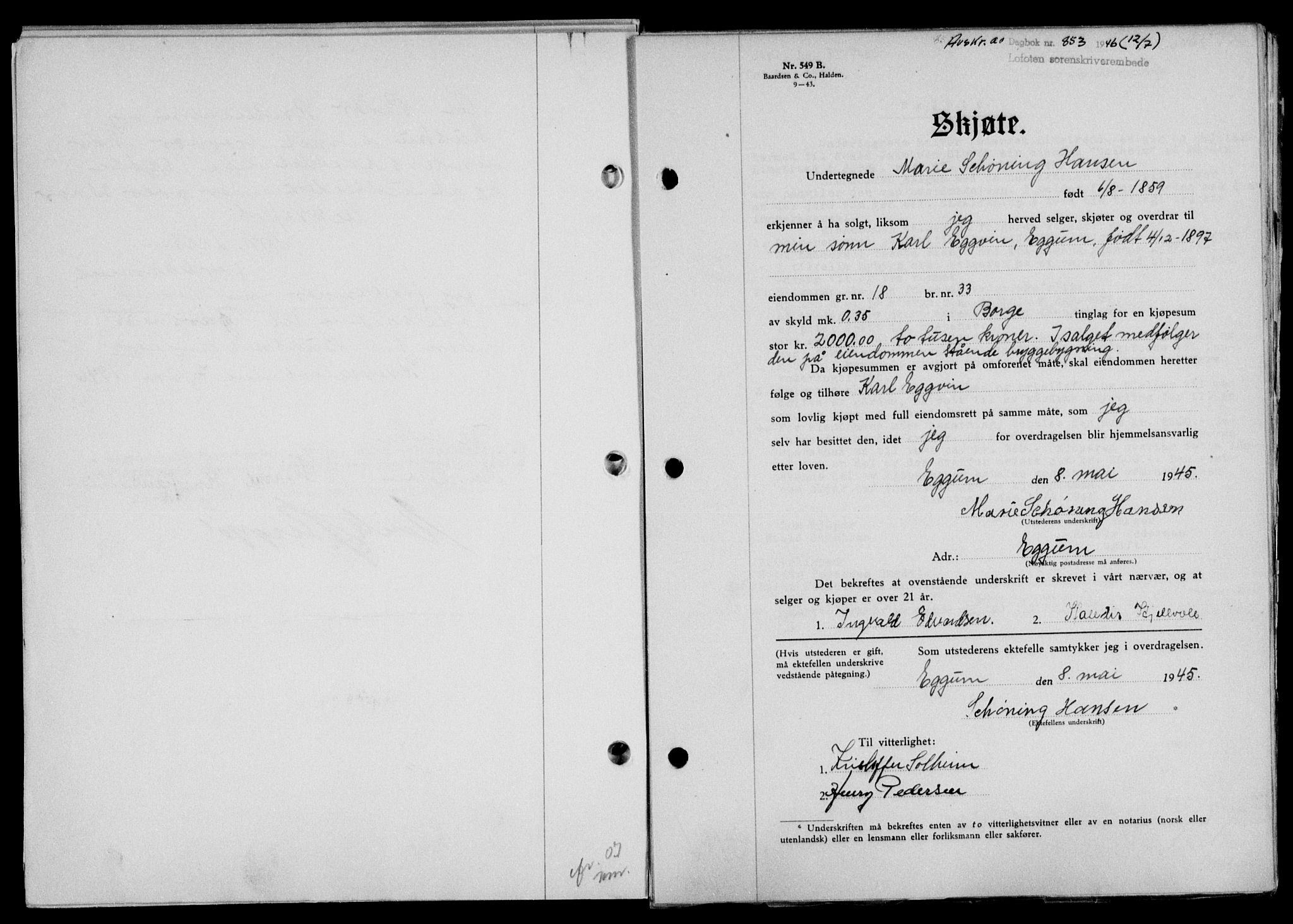 Lofoten sorenskriveri, SAT/A-0017/1/2/2C/L0014a: Mortgage book no. 14a, 1946-1946, Diary no: : 853/1946
