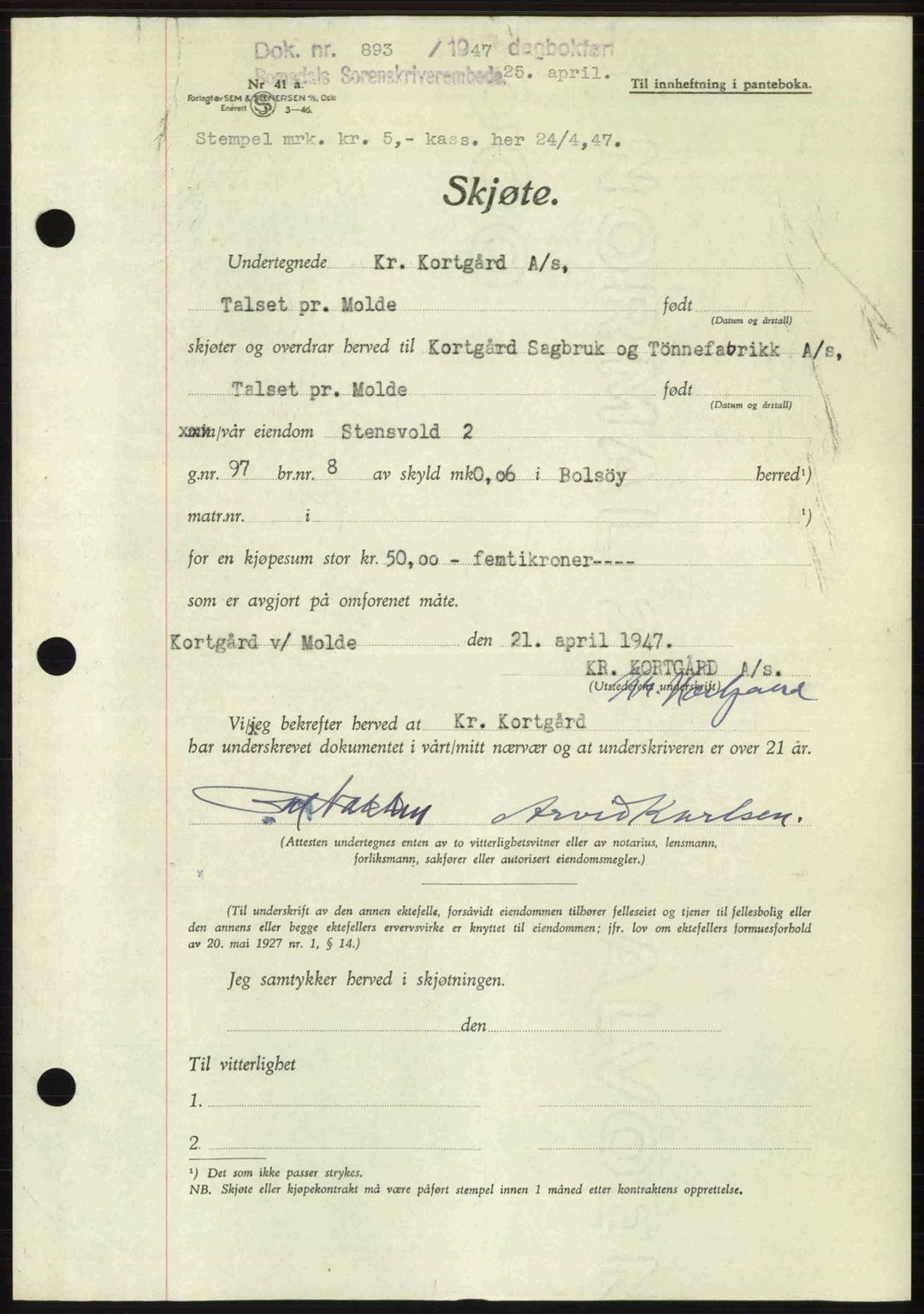 Romsdal sorenskriveri, AV/SAT-A-4149/1/2/2C: Mortgage book no. A22, 1947-1947, Diary no: : 893/1947