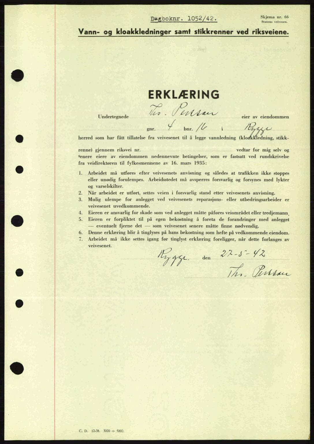 Moss sorenskriveri, SAO/A-10168: Mortgage book no. A9, 1941-1942, Diary no: : 1052/1942