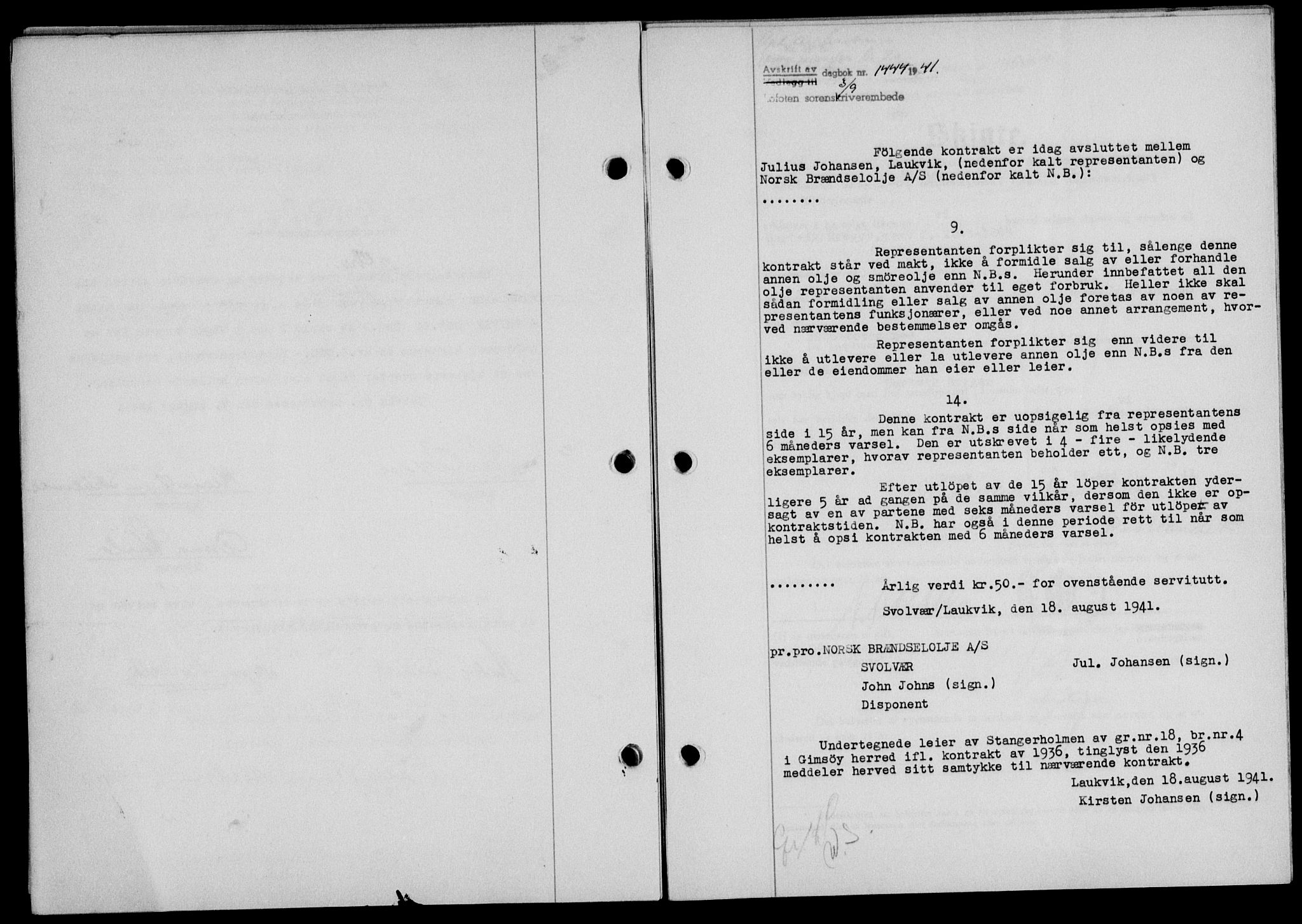Lofoten sorenskriveri, SAT/A-0017/1/2/2C/L0008a: Mortgage book no. 8a, 1940-1941, Diary no: : 1444/1941