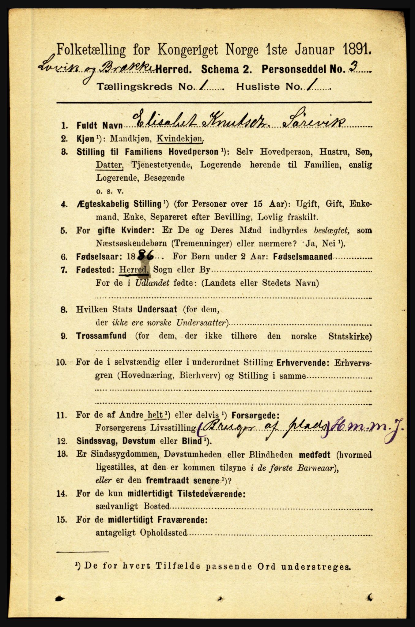 RA, 1891 census for 1415 Lavik og Brekke, 1891, p. 69