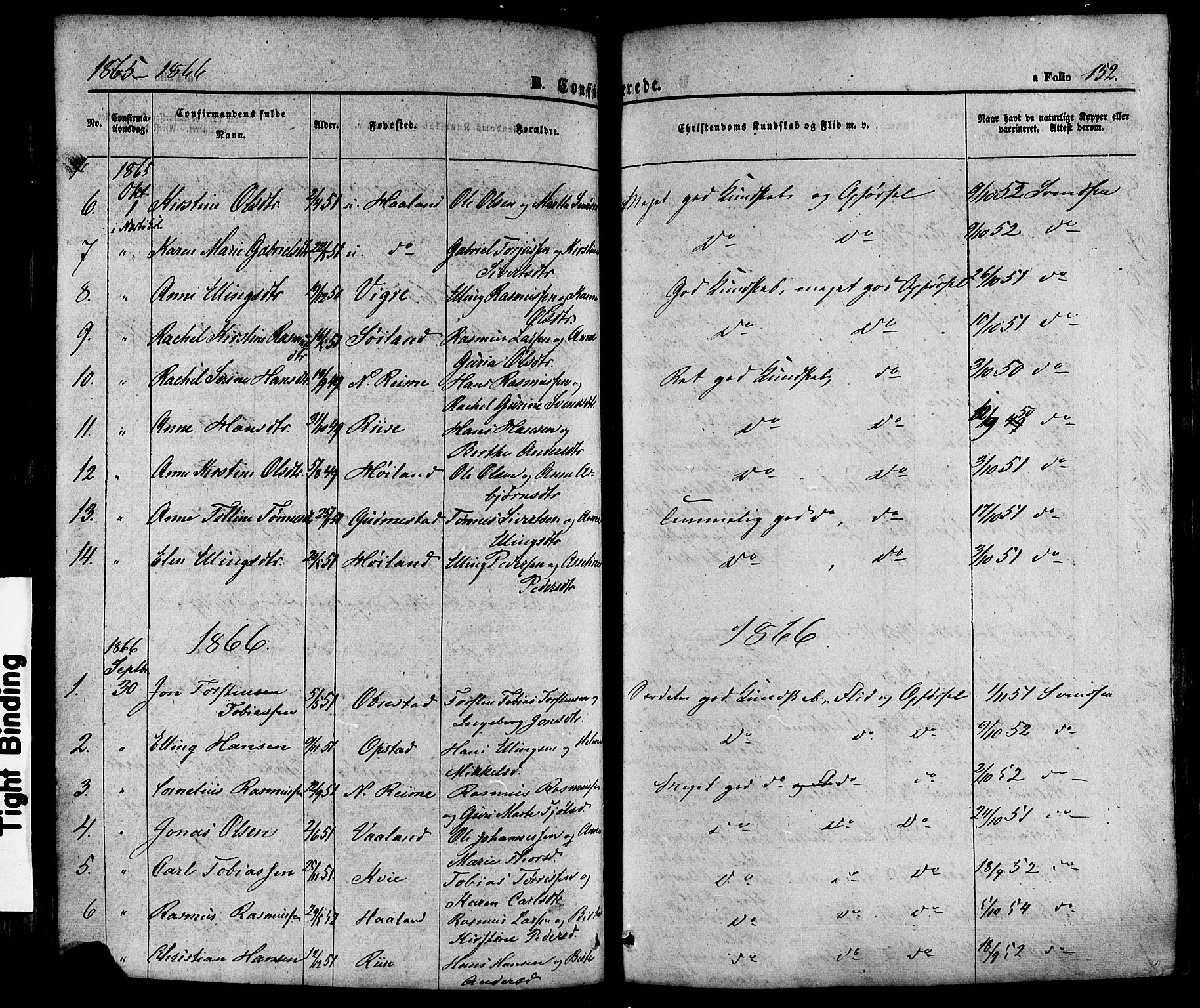 Hå sokneprestkontor, AV/SAST-A-101801/001/30BA/L0008: Parish register (official) no. A 7, 1853-1878, p. 152