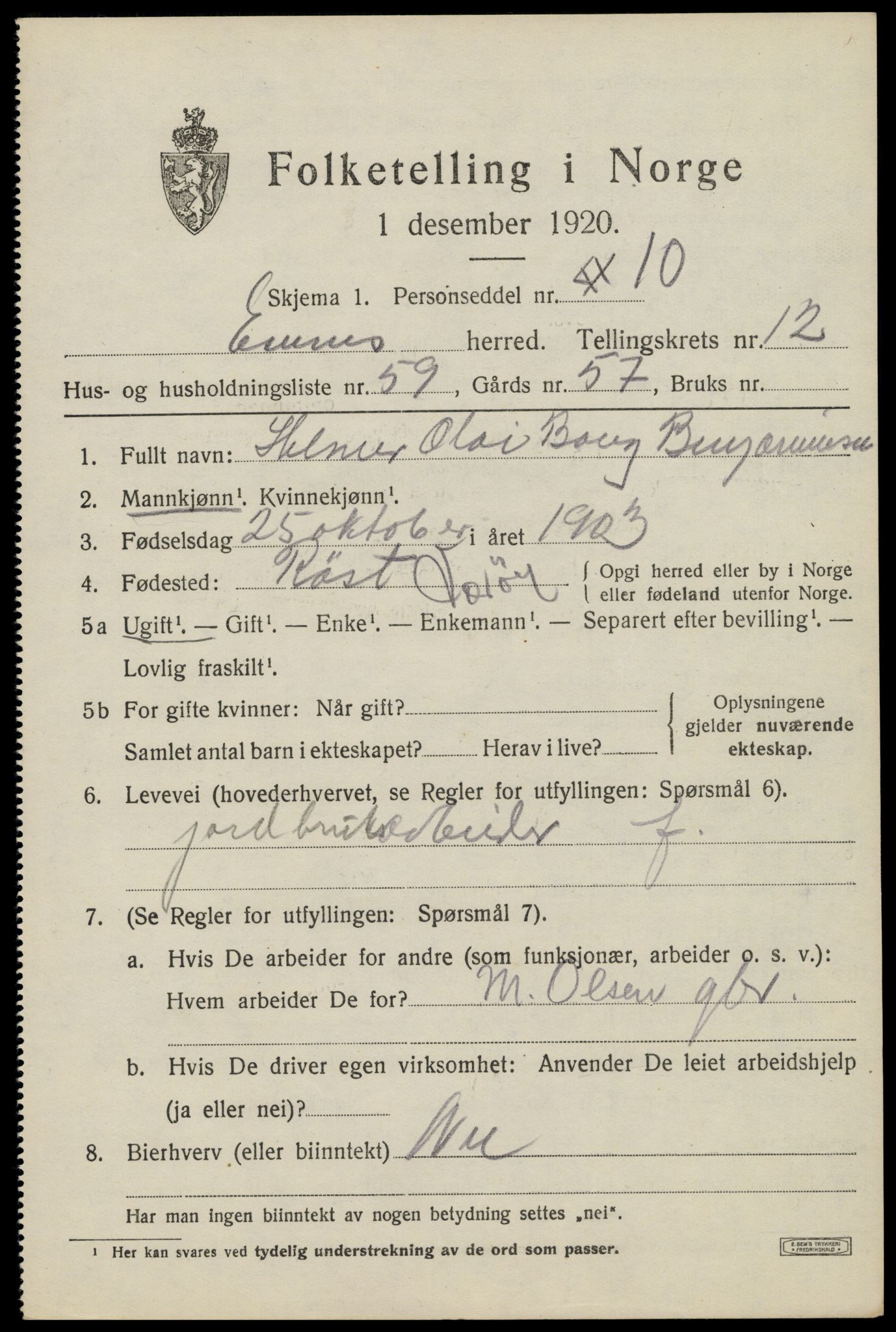 SAT, 1920 census for Evenes, 1920, p. 11838