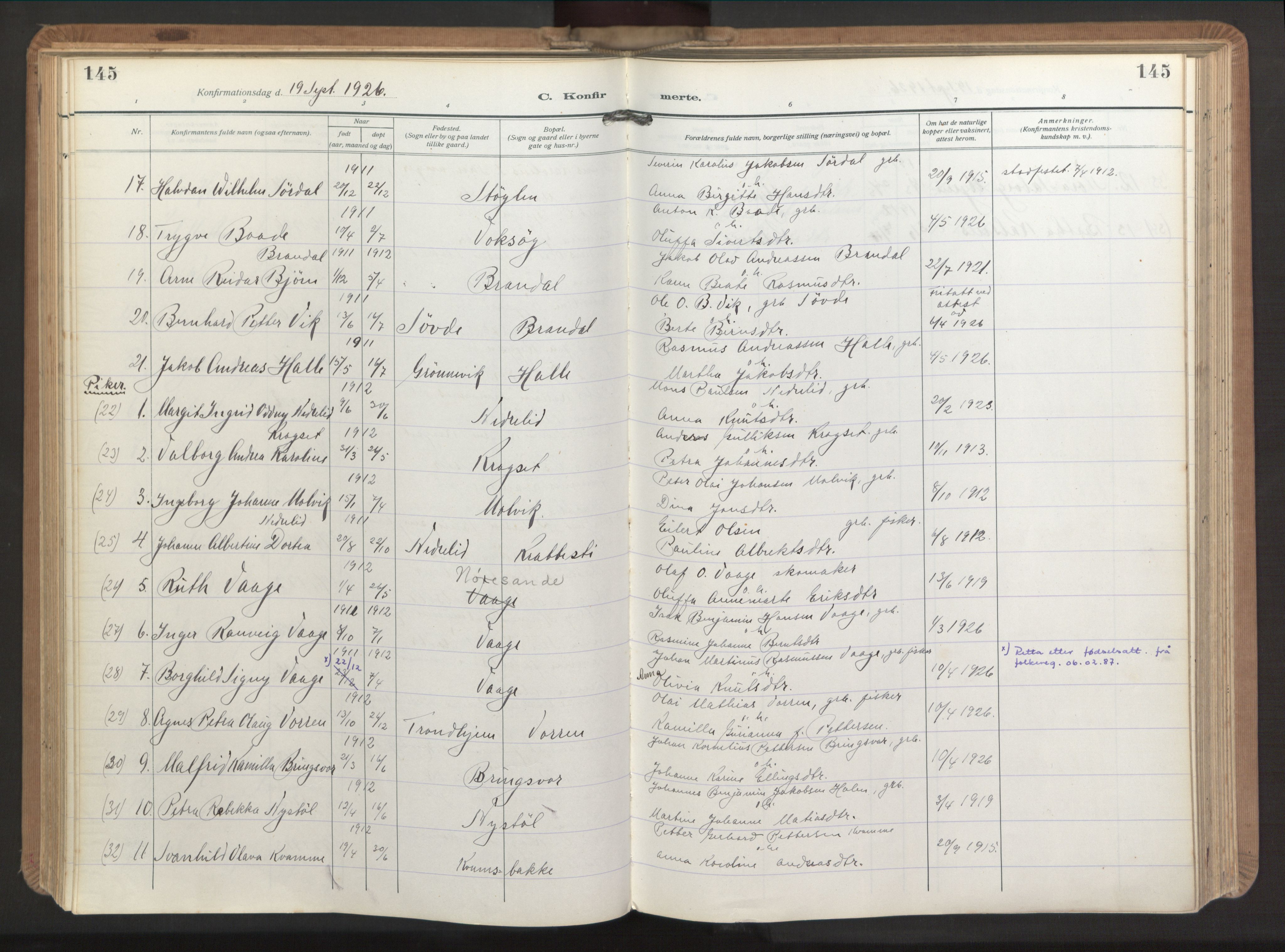 Ministerialprotokoller, klokkerbøker og fødselsregistre - Møre og Romsdal, AV/SAT-A-1454/503/L0044: Parish register (official) no. 503A12, 1918-1931, p. 145