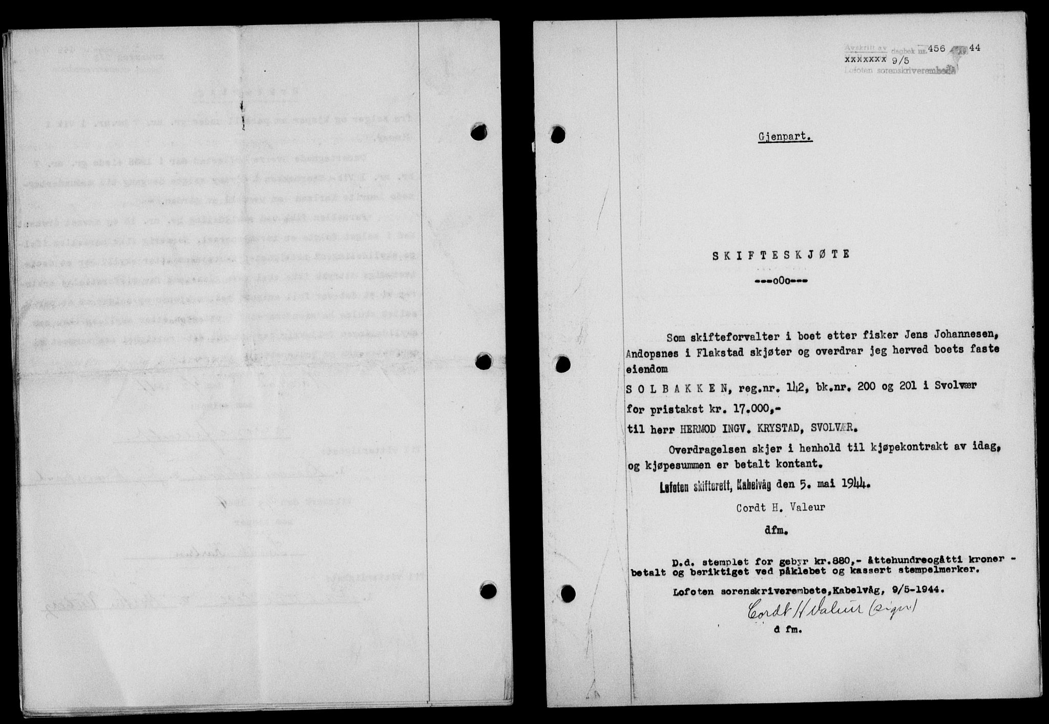 Lofoten sorenskriveri, SAT/A-0017/1/2/2C/L0012a: Mortgage book no. 12a, 1943-1944, Diary no: : 456/1944