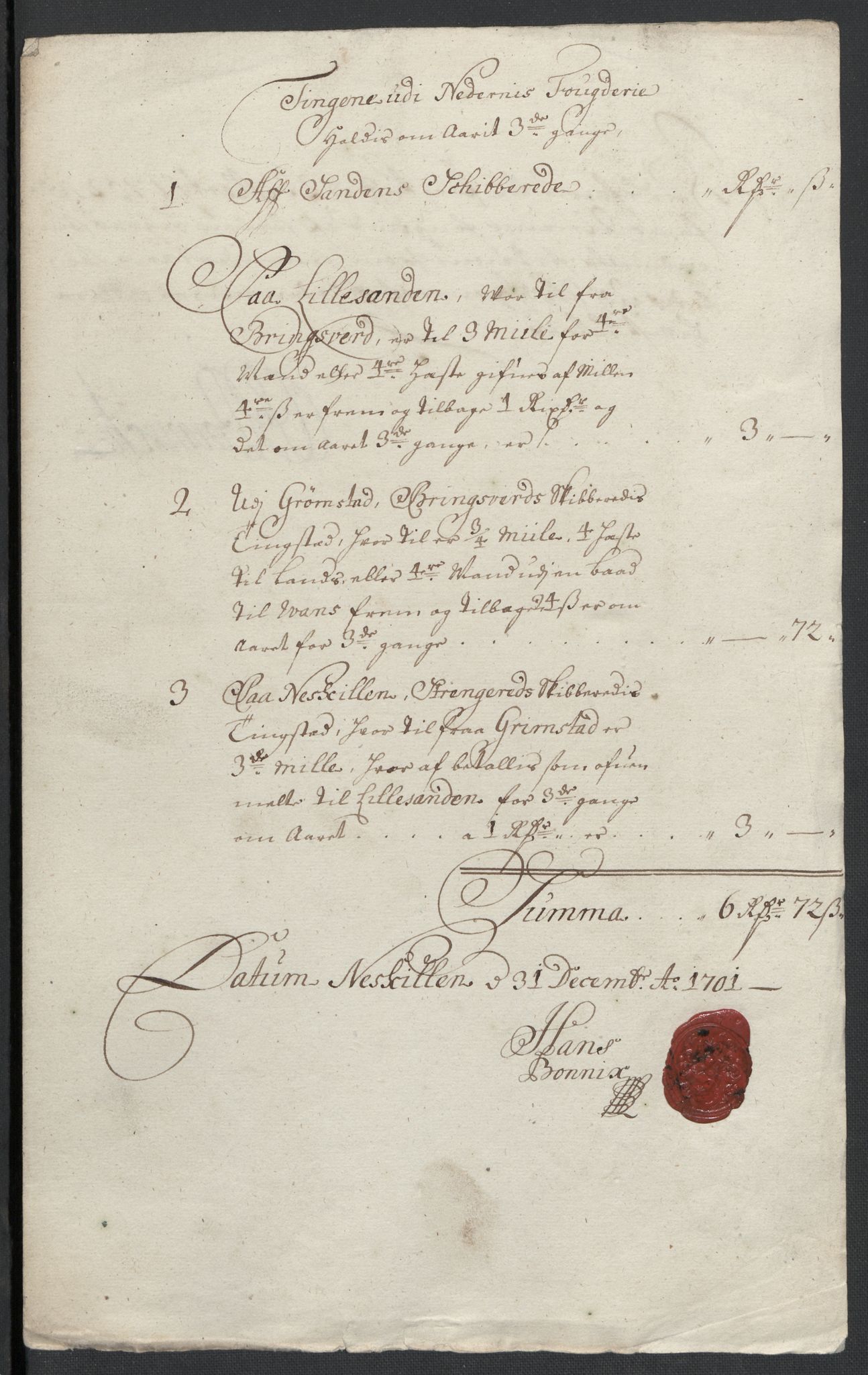 Rentekammeret inntil 1814, Reviderte regnskaper, Fogderegnskap, AV/RA-EA-4092/R39/L2315: Fogderegnskap Nedenes, 1700-1701, p. 341