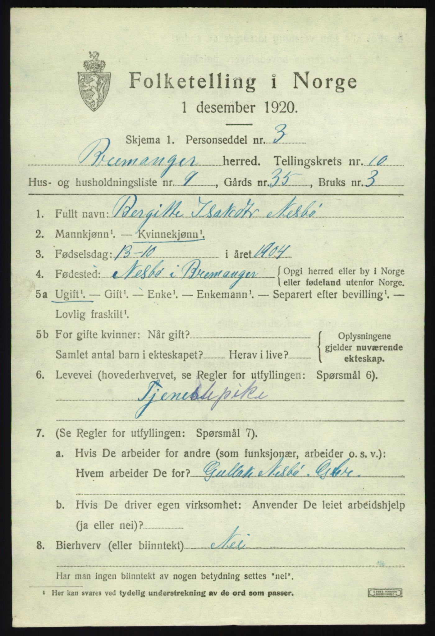 SAB, 1920 census for Bremanger, 1920, p. 5520