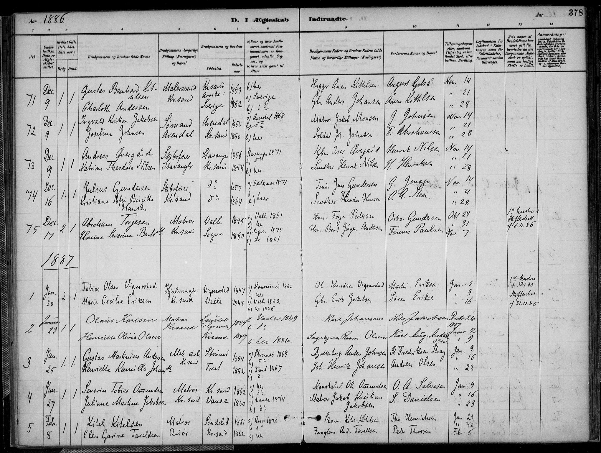 Kristiansand domprosti, SAK/1112-0006/F/Fa/L0017: Parish register (official) no. A 16B, 1880-1890, p. 378