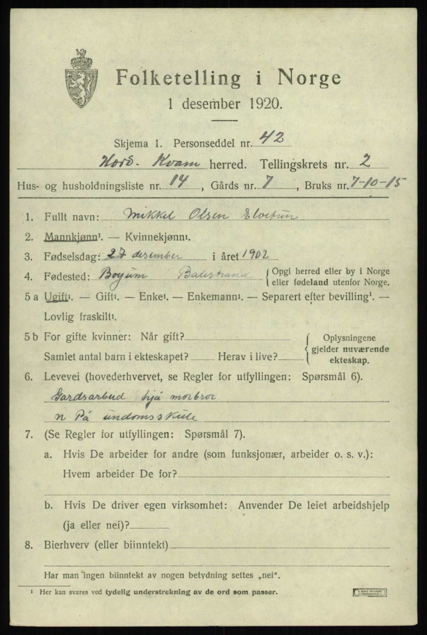SAB, 1920 census for Kvam, 1920, p. 2053