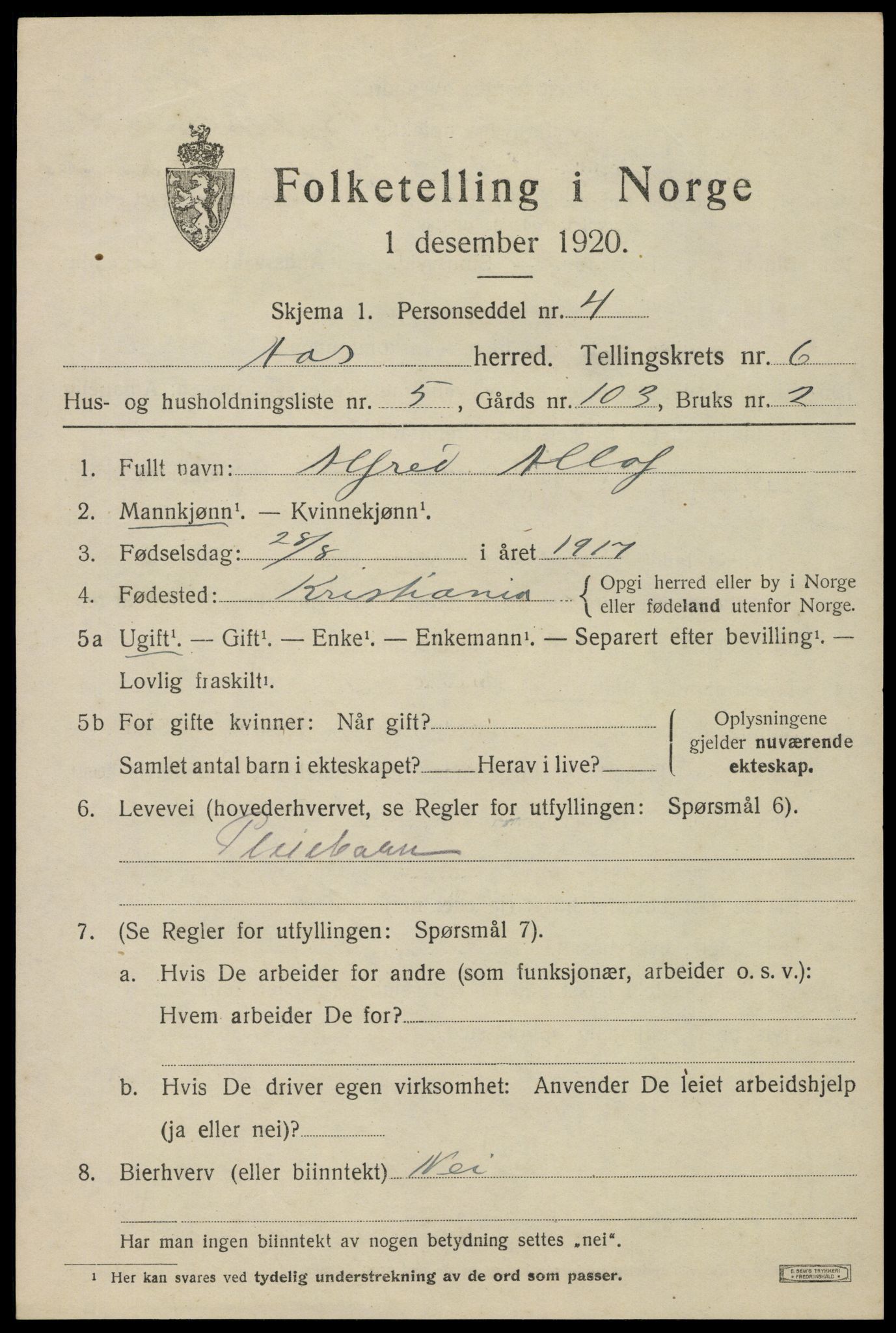 SAO, 1920 census for Ås, 1920, p. 6904