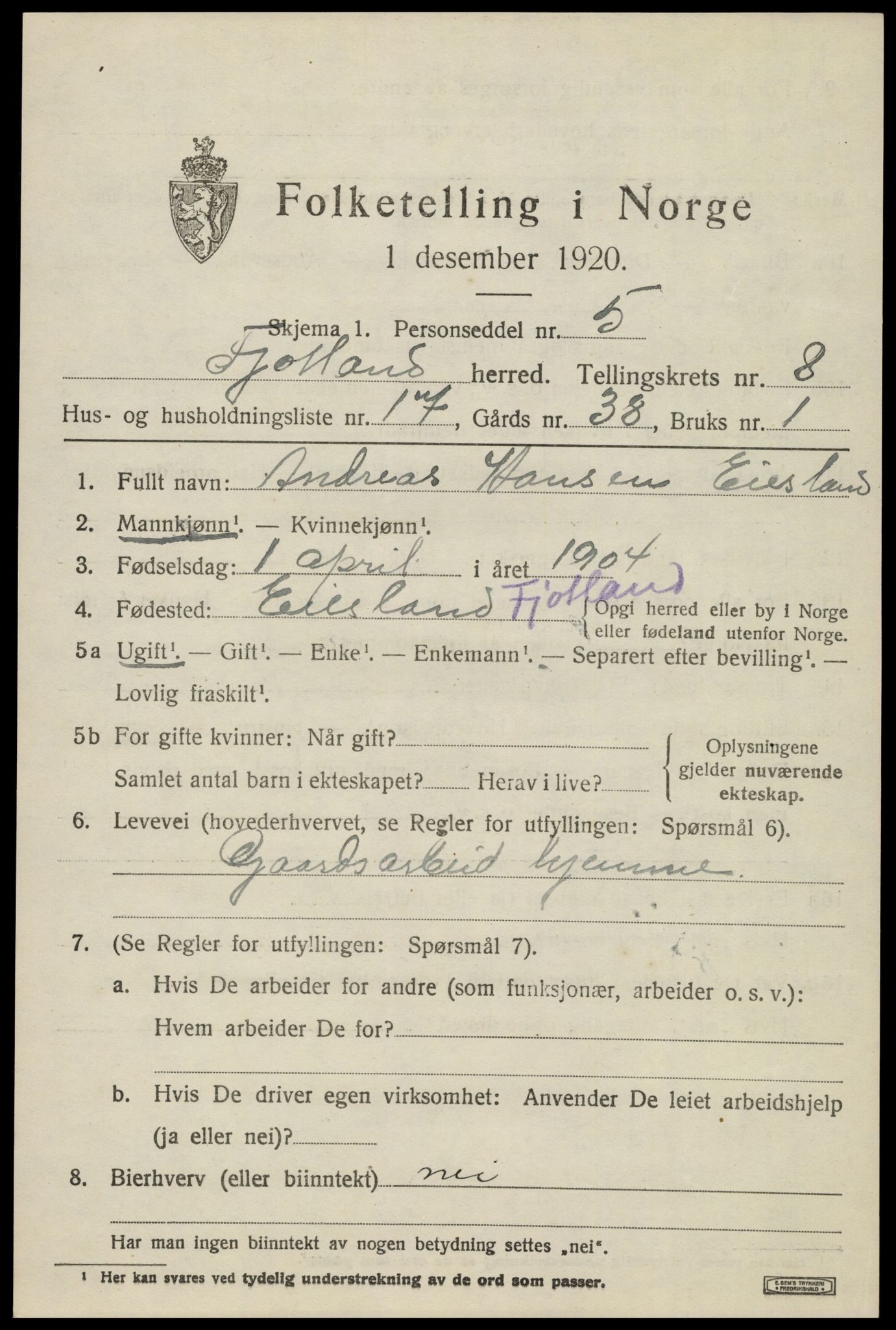SAK, 1920 census for Fjotland, 1920, p. 2182