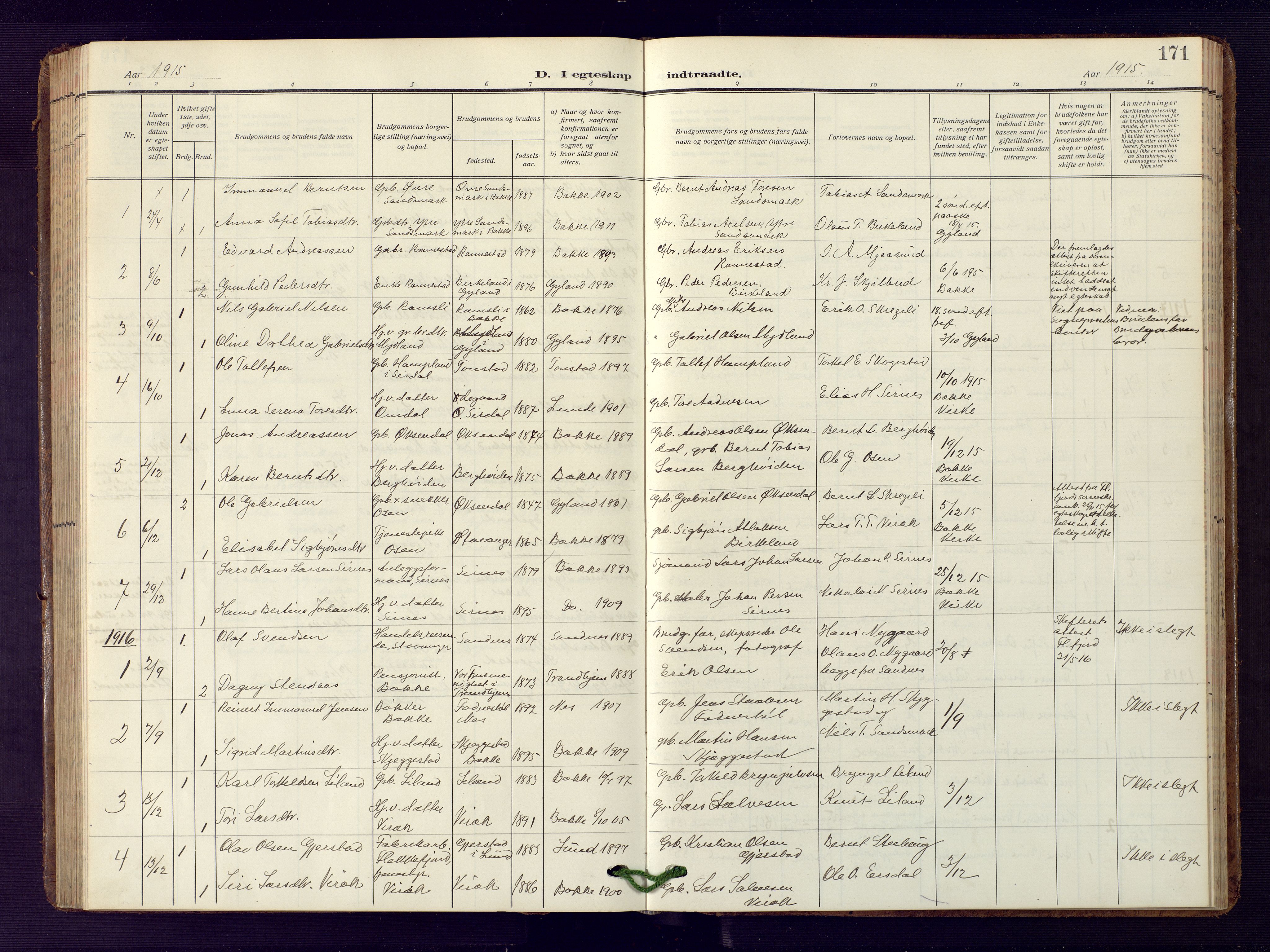 Bakke sokneprestkontor, SAK/1111-0002/F/Fb/Fba/L0004: Parish register (copy) no. B 4, 1911-1946, p. 171