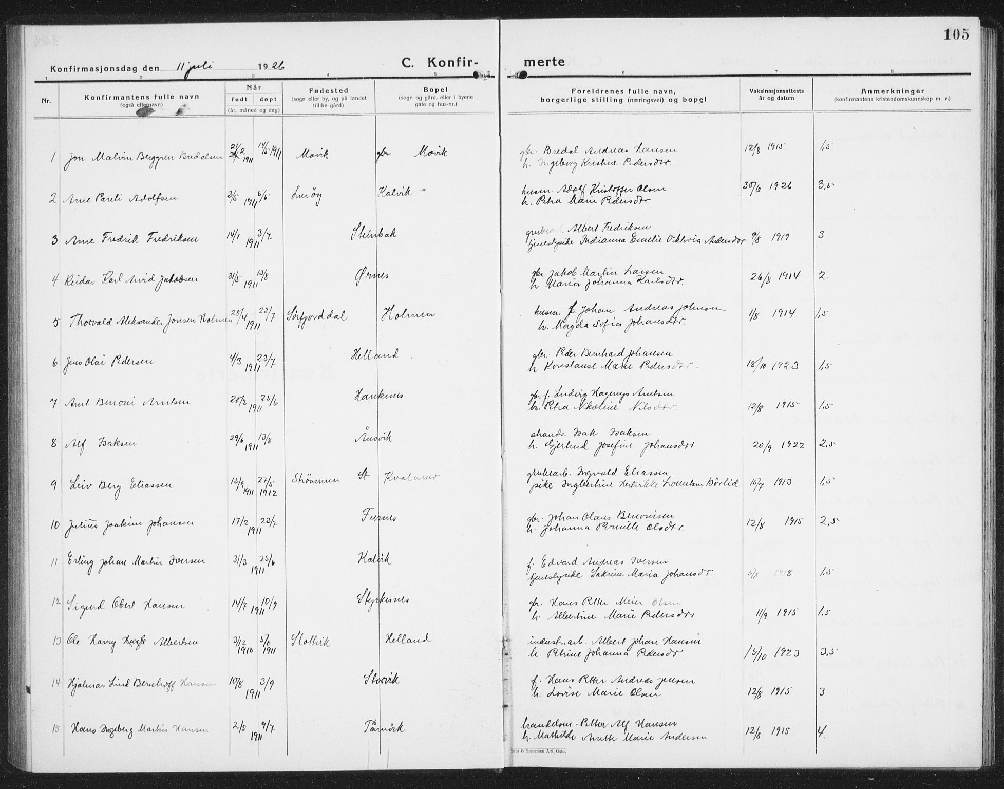 Ministerialprotokoller, klokkerbøker og fødselsregistre - Nordland, AV/SAT-A-1459/854/L0788: Parish register (copy) no. 854C04, 1926-1940, p. 105