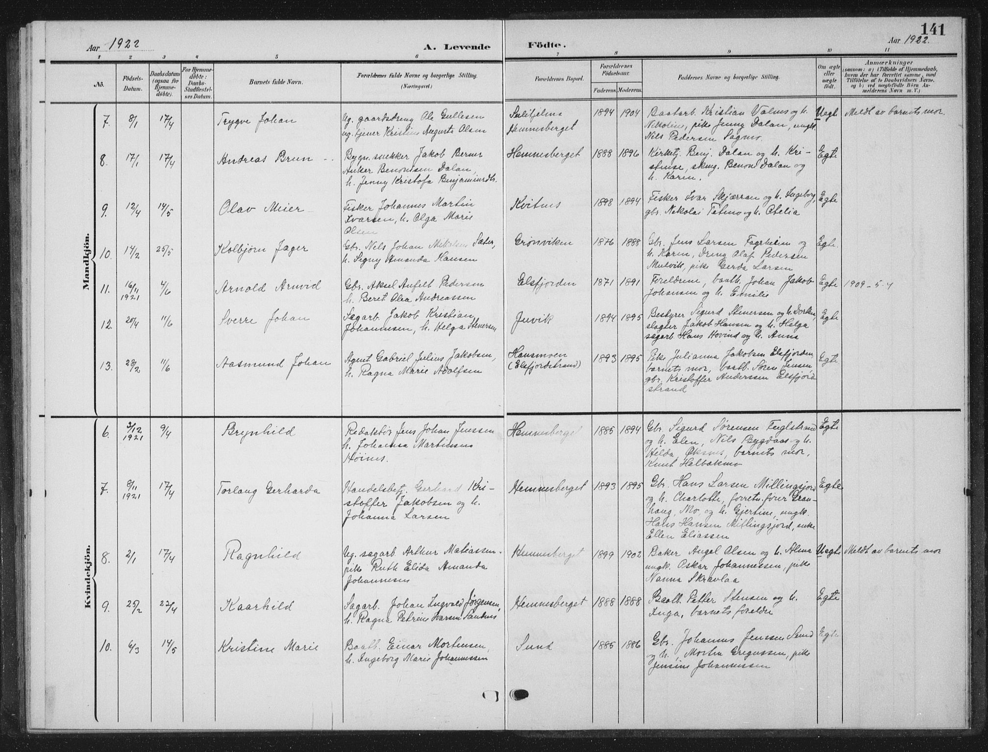 Ministerialprotokoller, klokkerbøker og fødselsregistre - Nordland, AV/SAT-A-1459/825/L0370: Parish register (copy) no. 825C07, 1903-1923, p. 141