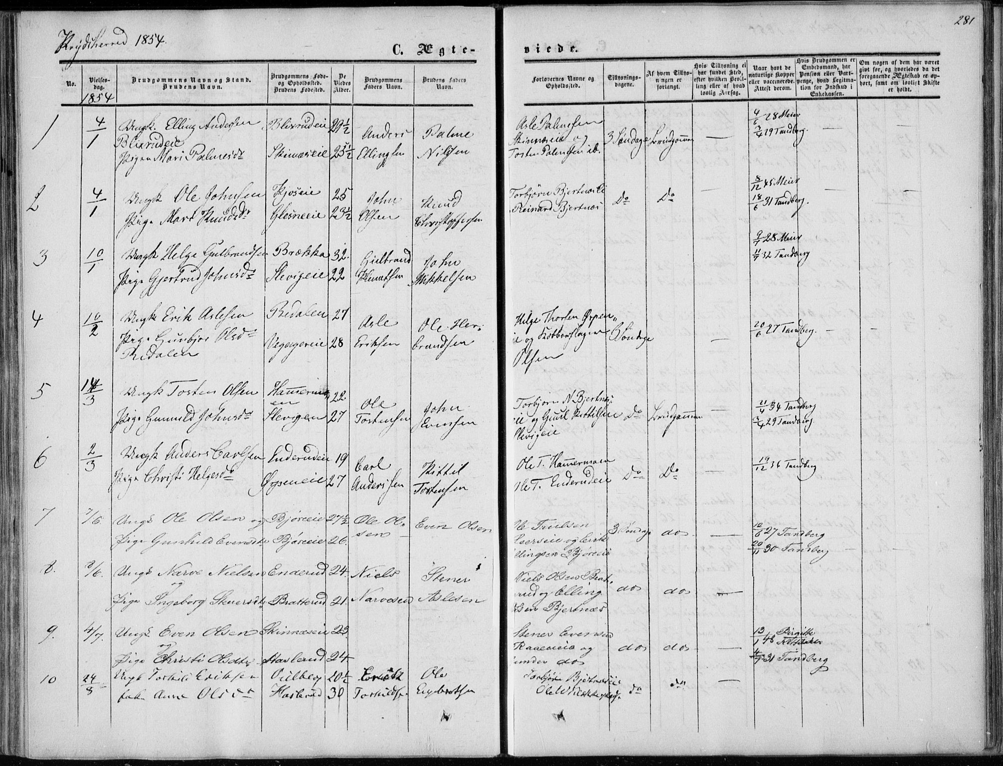 Sigdal kirkebøker, AV/SAKO-A-245/F/Fa/L0008: Parish register (official) no. I 8, 1850-1859, p. 281