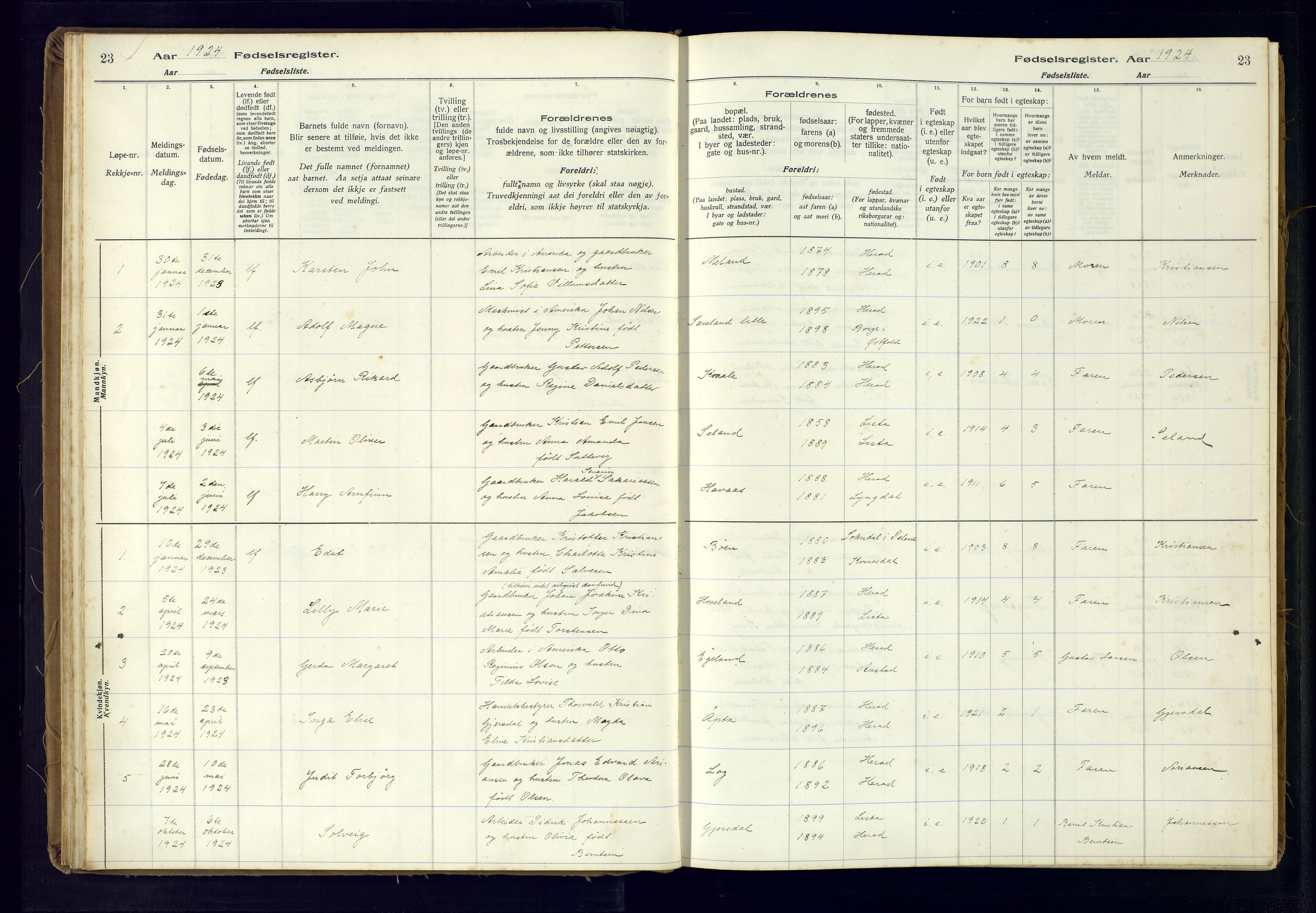 Herad sokneprestkontor, AV/SAK-1111-0018/J/Ja/L0001: Birth register no. A-VI-12, 1916-1981, p. 23