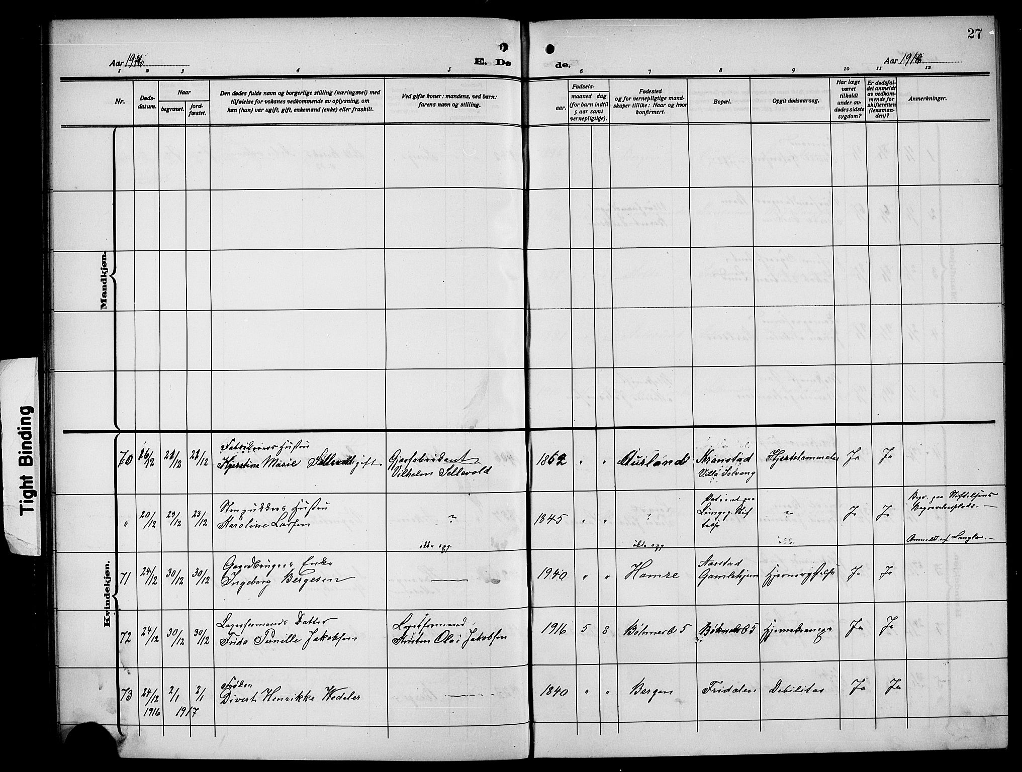 Årstad Sokneprestembete, AV/SAB-A-79301/H/Hab/L0024: Parish register (copy) no. D 1, 1915-1922, p. 27